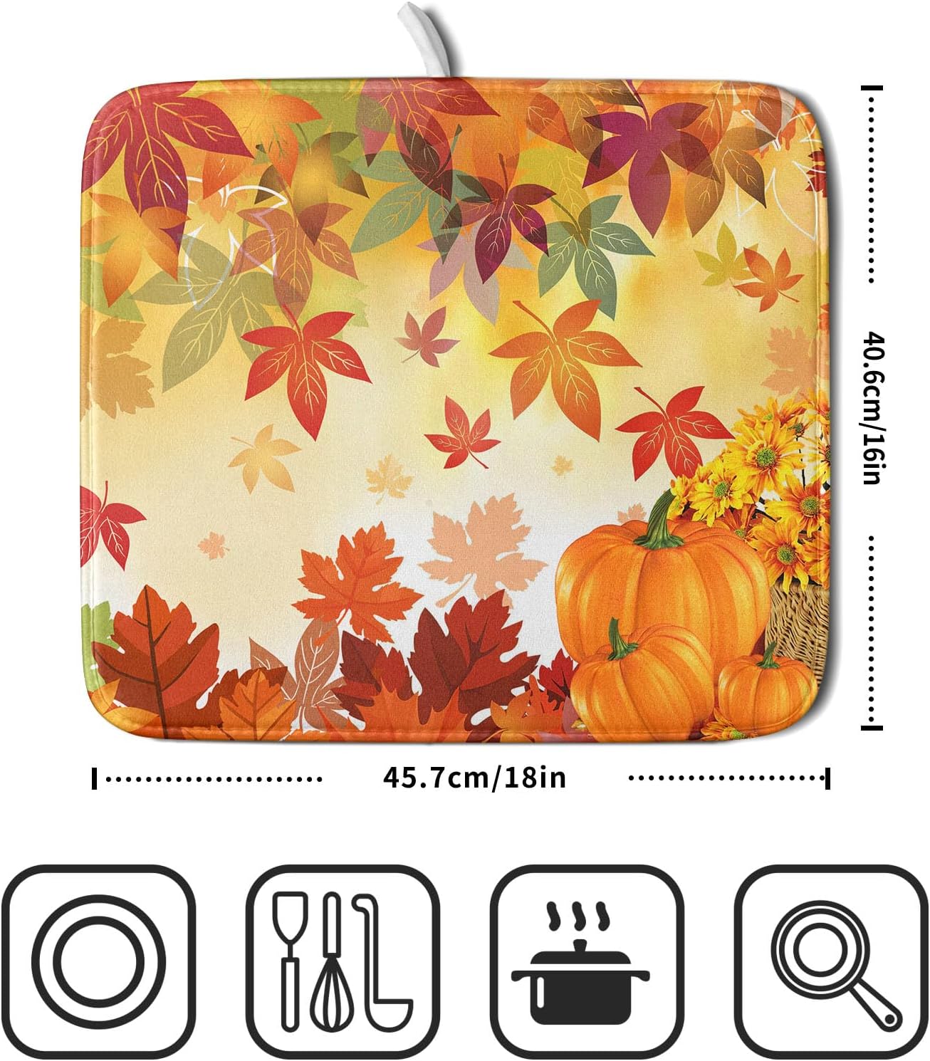 Autumn Fall Dish Drying Mat for Kitchen Counter Pumpkin Maple Leaves Drying Mat 16 x 18 Inch with Absorbent Reversible Microfiber Dish Drying Pad Dish Rack Drainer Mat for Coffee Bar