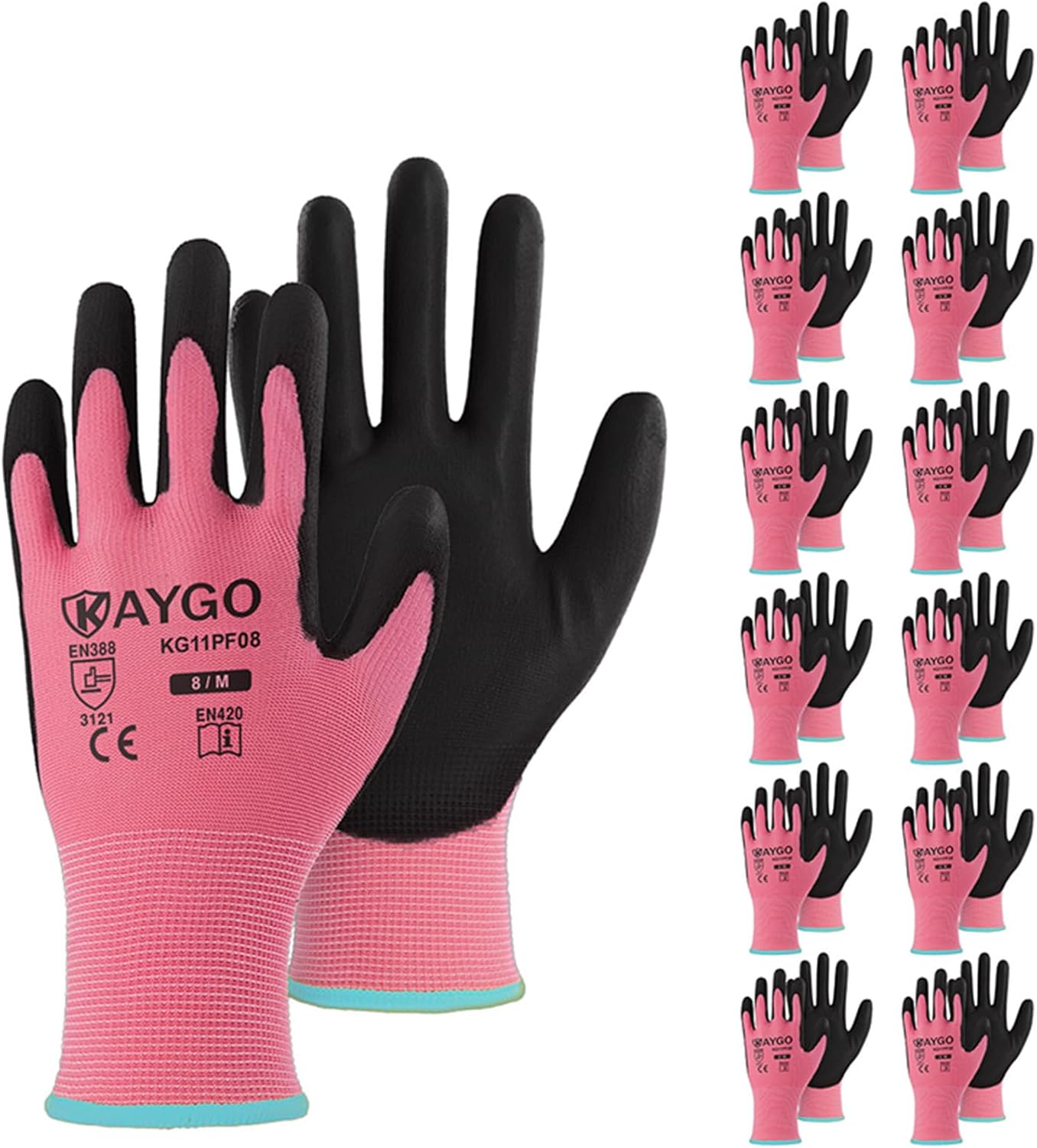 KAYGO Safety Work Gloves PU Coated-12 Pairs, KG11P Seamless Knit Glove with Polyurethane Coated Smooth Grip on Palm & Fingers, for Men and Women, Ideal for General Duty Work,Pink,Medium