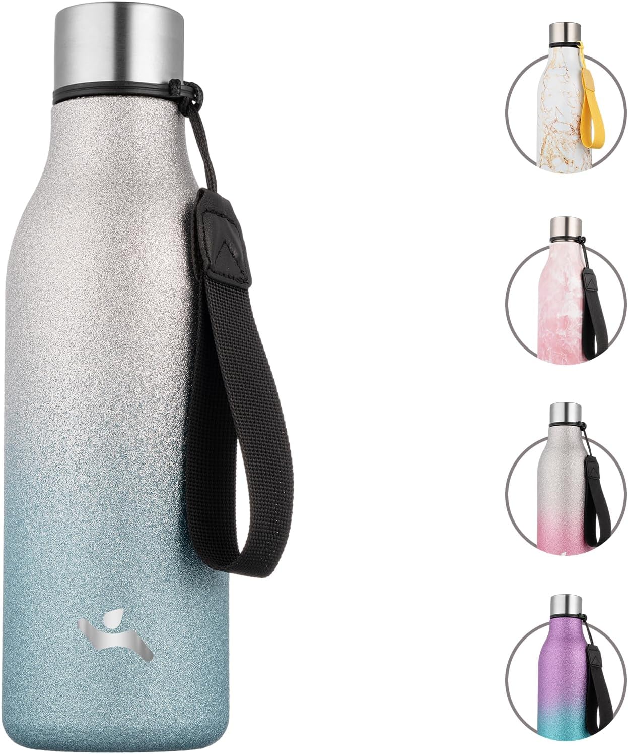 Insulated Water Bottle with Strap,18 oz Double Wall Stainless Steel Vacuum Bottles Metal Water Flask,Sparkling Silver Blue