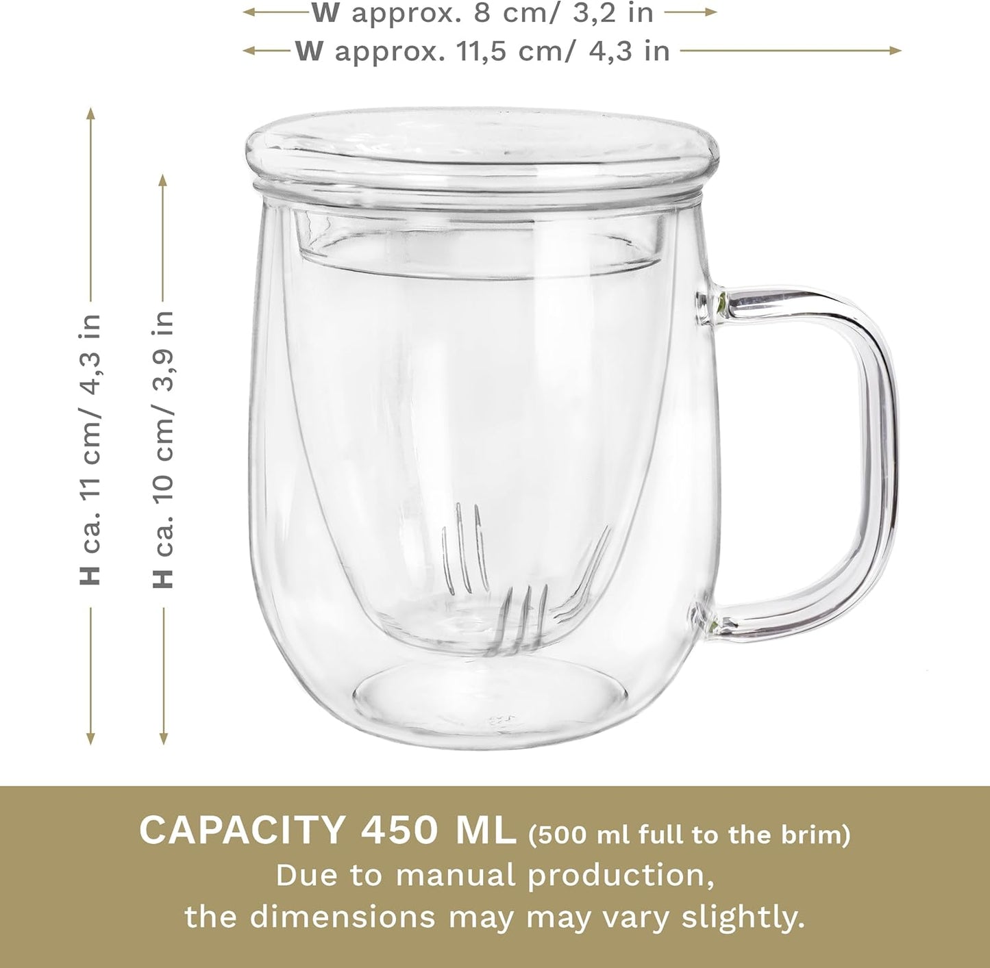 Creano Tea Glass 450 ml – Large Tea Cup with Strainer and Glass Lid – An ideal Tea Maker