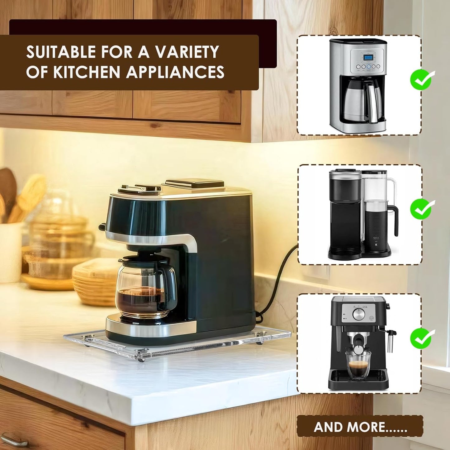 Appliance Sliders for Kitchen appliances Sliding Tray for Coffee Maker, Espresso Machines, Mixers Sturdy Kitchen Aid Sliders for Mixer - Duty Equipment with Rubber Wheels - 9.8" x 14" (Clear)