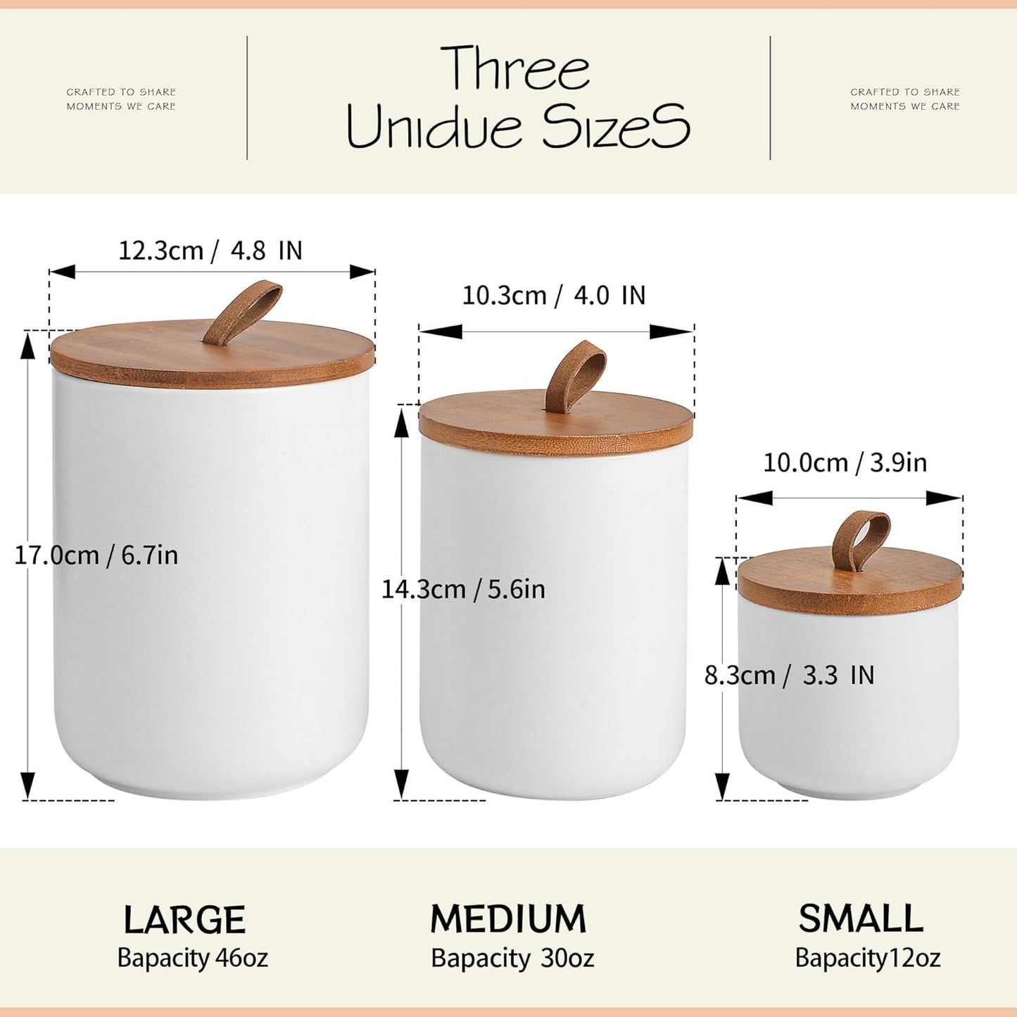 White Ceramic Canister Set with Bamboo Lids, 3-Piece Airtight Food Storage Jars for Kitchen - Flour, Sugar, Coffee, Tea, Spice - Small, Medium, Large Sizes