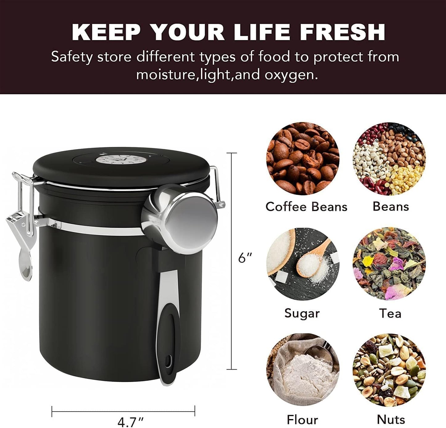 ShanSon Coffee Canister Airtight Coffee Container Stainless Steel Coffee Bean Storage Container with Scoop Coffee Canister for Beans Grounds Sugar Flour Tea Cereal,16OZ, Black