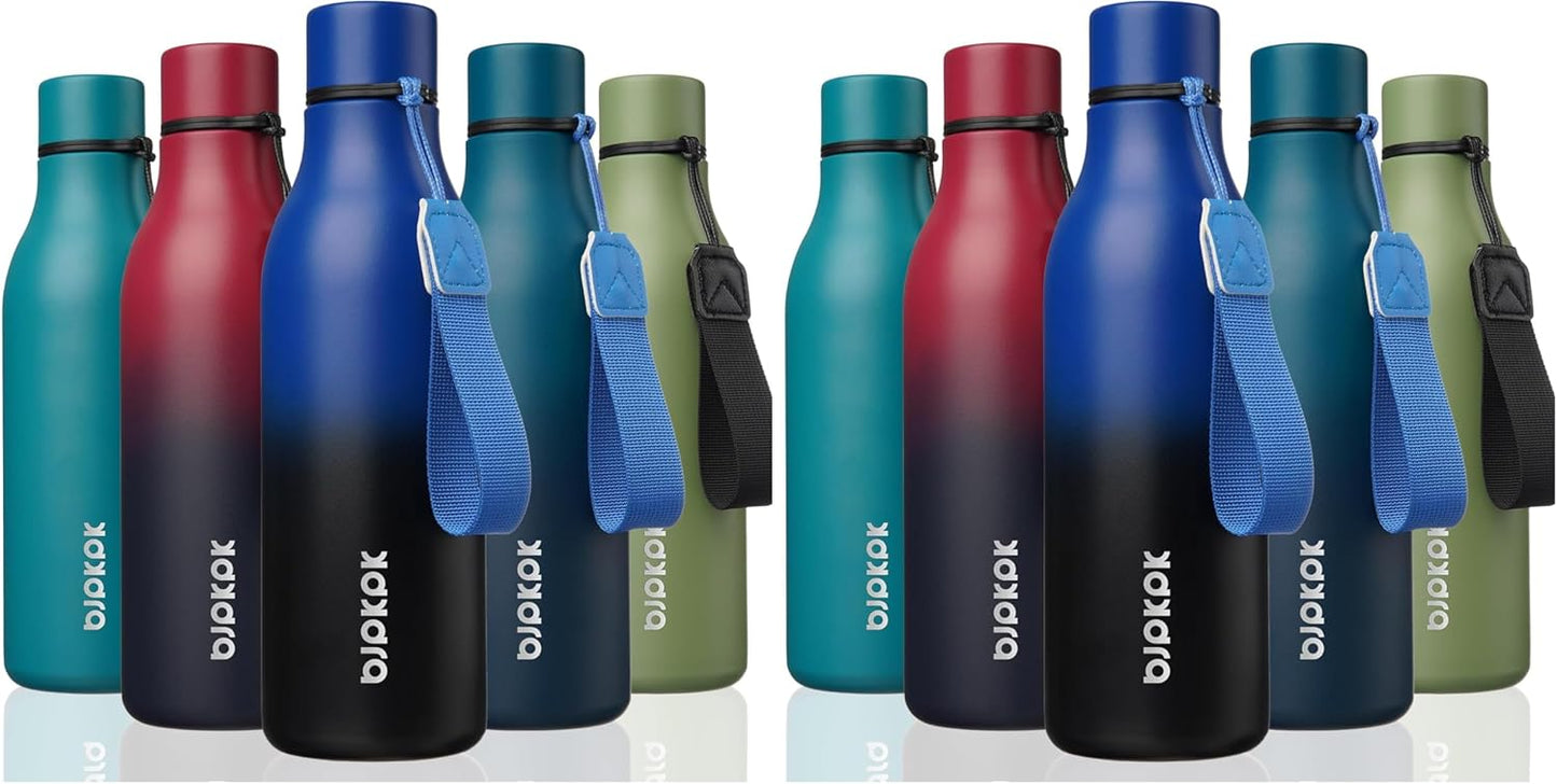 BJPKPK Insulated Water Bottles, 18 oz Stainless Steel Metal Water Bottle with Strap, BPA Free Leak Proof Thermos, Mugs, Flasks, Reusable Water Bottle for Sports & Travel, Blue Black (Pack of 2)
