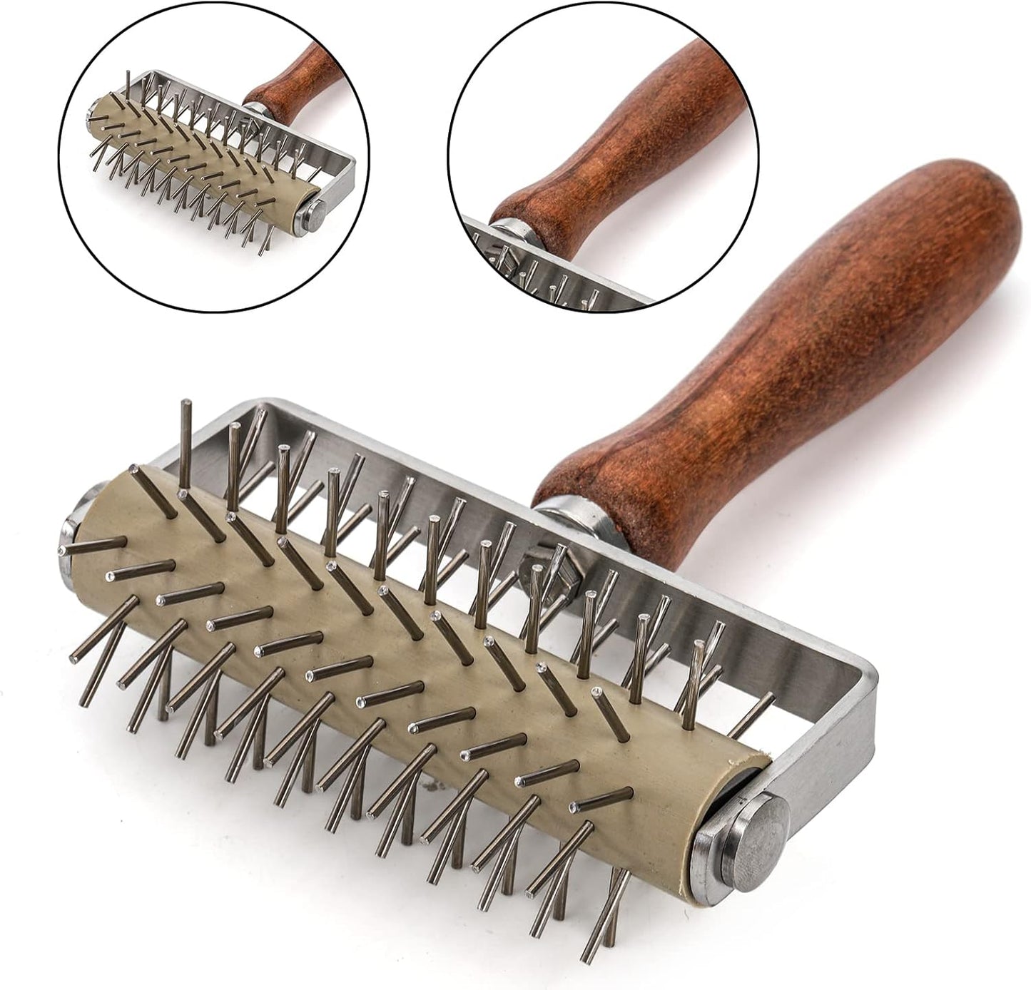 Hiceeden Set of 2 Pizza Dough Roller & Dough Docker, Stainless Steel Dough Hole Maker Puncher Wooden Rolling Pin for Pizza, Cookie, Pie, Pastry, Bread, Crust