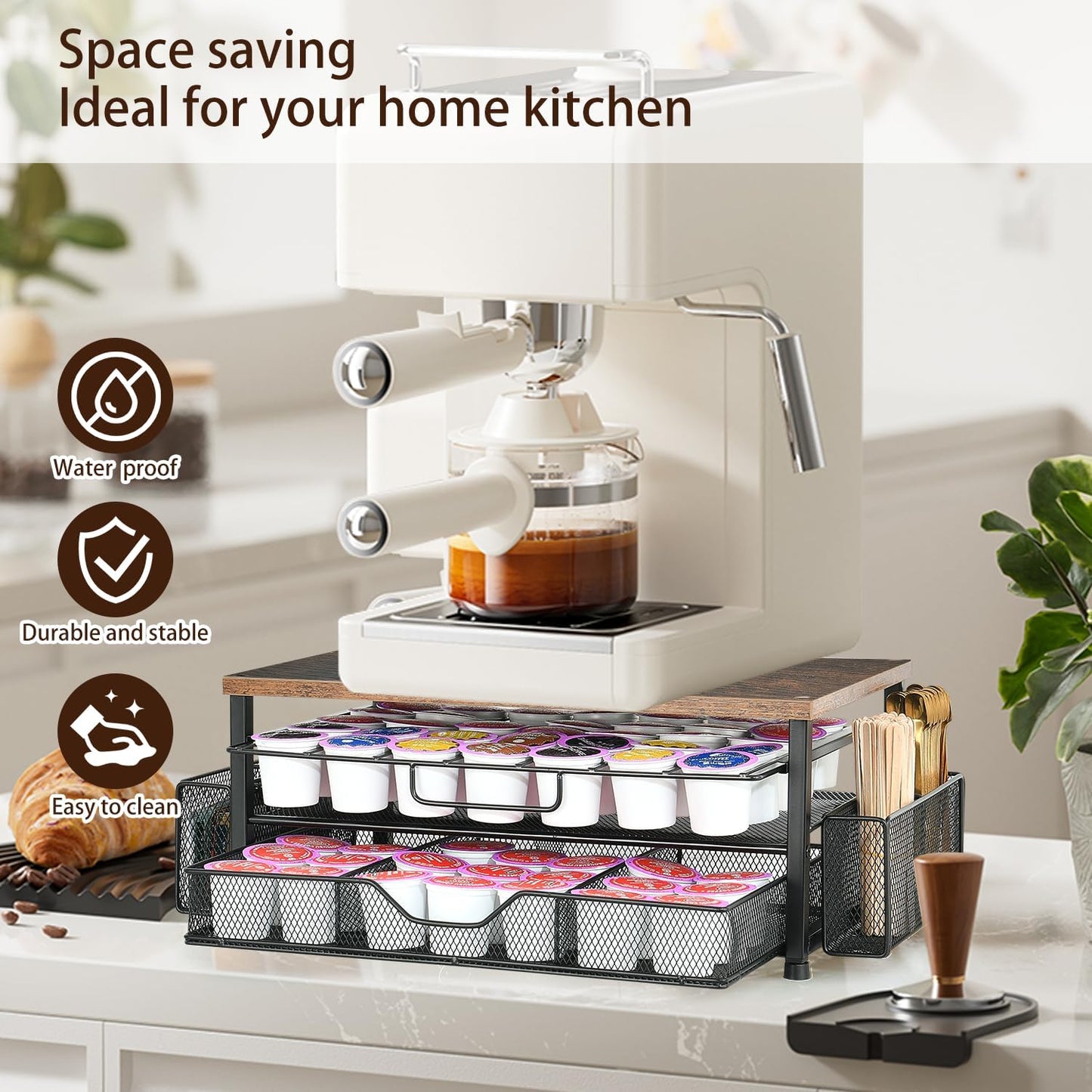 Spacrea K Cup Holder Organizer, Coffee Pod Holder for Countertop with 2 Tier Sliding Storage Drawer and Coffee Accessories Holder, 63 Large Capacity or 80 Small Capsules, Home Kitchen