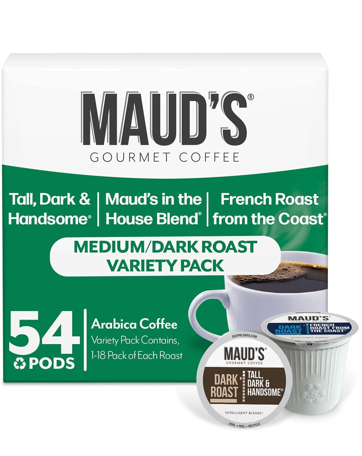 Maud's Dark Roast, Medium Roast & French Roast Coffee Pods Bundle, 54 ct, Recyclable Single Serve Pods – 100% Arabica Coffee, Compatible with Keurig K Cups Maker