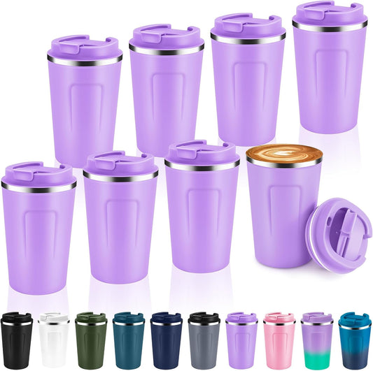 Volhoply 12 oz Double Wall Insulated Vacuum Travel Coffee Mug with Flip Lid Bulk 8 Pack,Reusable Stainless Steel Leak Proof Coffee Cup,Portable Cafe Thermal Tumblers for Hot&Cold Drinks(Purple,8 Set)