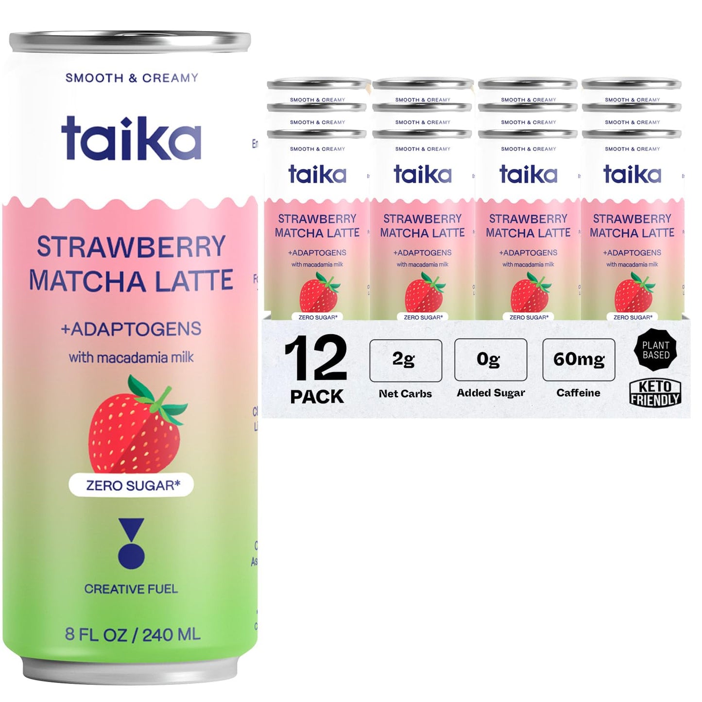 Taika Strawberry Matcha Latte - Ready to Drink Hot & Cold Brew Strawberry Matcha Latte in Cans - Organic Ceremonial Grade Matcha w/Ashwagandha, Lions Mane, & L-Theanine - 8 Fl Oz (Pack of 12) (8 Fl Oz (Pack of 12), Strawberry Matcha Latte)
