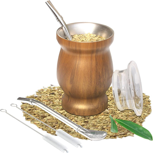 Beruth Bombilla Yerba Mate Gourd, 8oz Stainless Steel Tea Cup Set with a Multifunctional Lid, Two Straws and Cleaning Brushes, Double Walled Coffee Mug Heat Insulation Anti Scalding BR2301 (Brown)