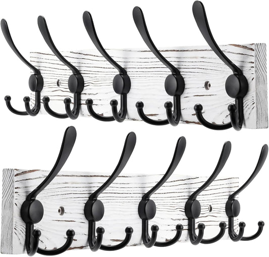 2pcs Coat Rack Wall Mount Wooden Hat Rack for Wall Hooks Pine Real Wood Plank 16.9" Old White Coat Hanger with 5 Black Triple Hooks for Hanging Coat Hat Jacket