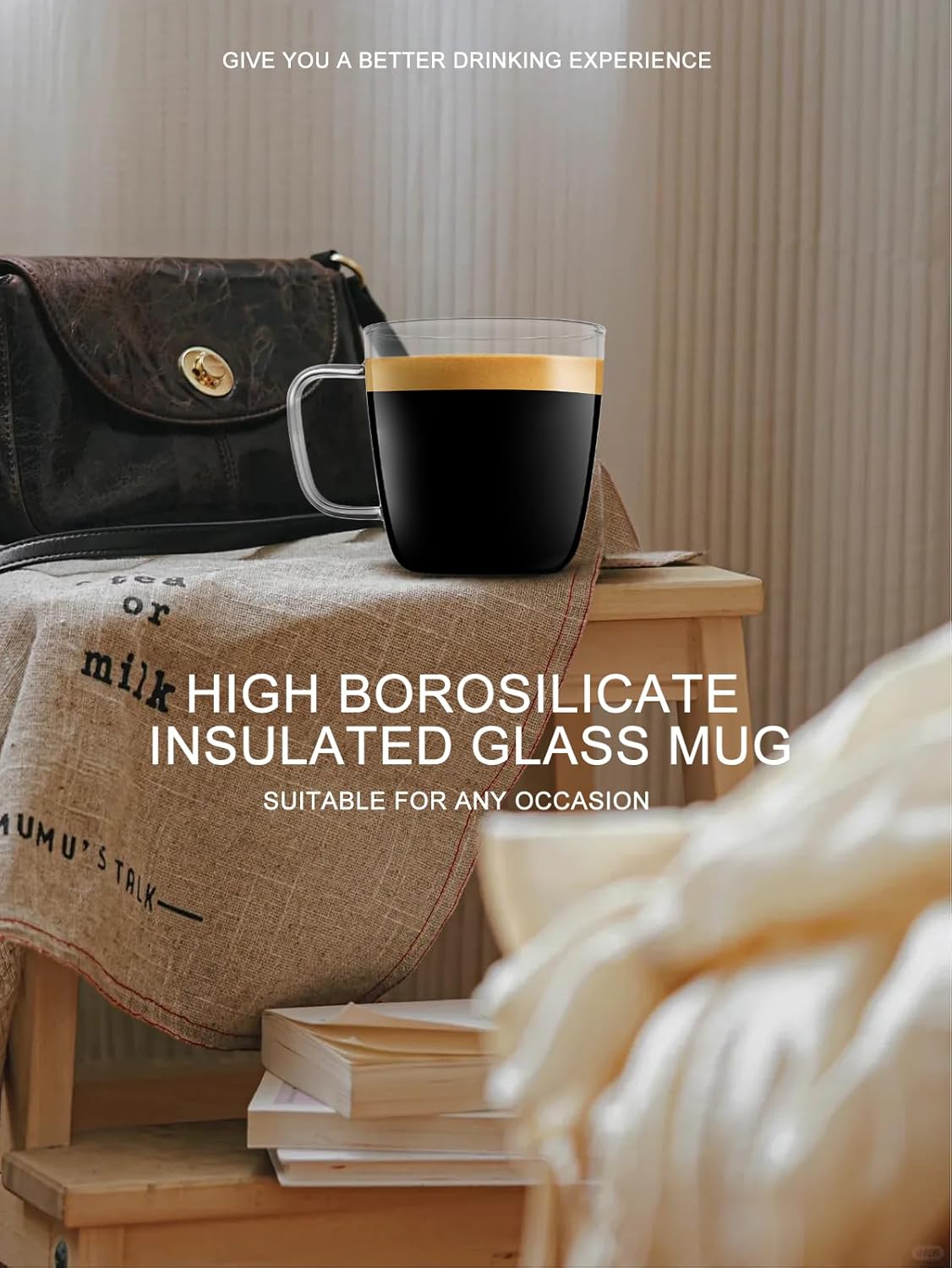 LUXU Premium Large Glass Coffee Mugs(Set of 2)-24 oz,Wide Mouth Hot or Cold Beverage Mugs,Modern Simplicity Glass Tea Coffee Cups-Big Capacity with Comfortable Handle for Home and Office-Clear