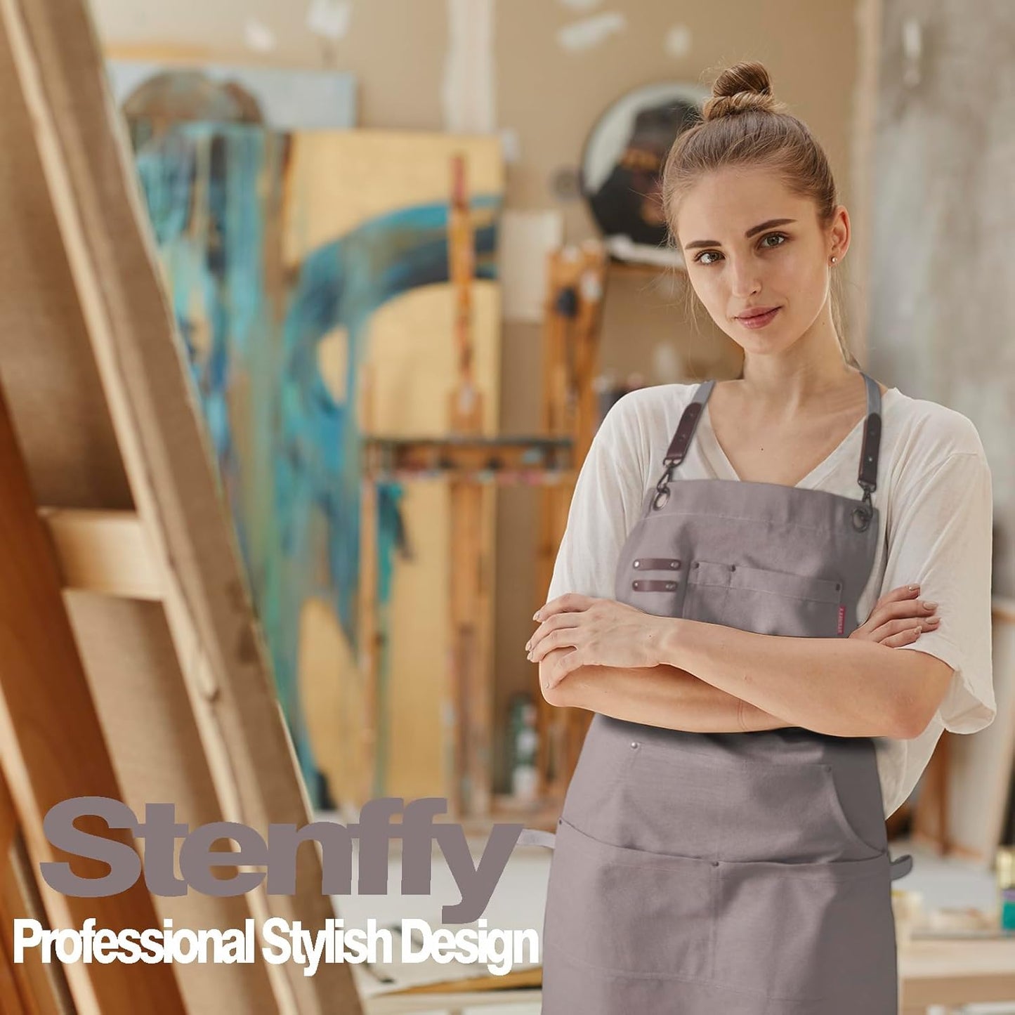 5 Pack Kitchen Apron, Work Apron, Canvas, Multiple Pockets, Gardening, Painting, BBQ, Artist, Carpenter, Sizes M to XXL, Grey