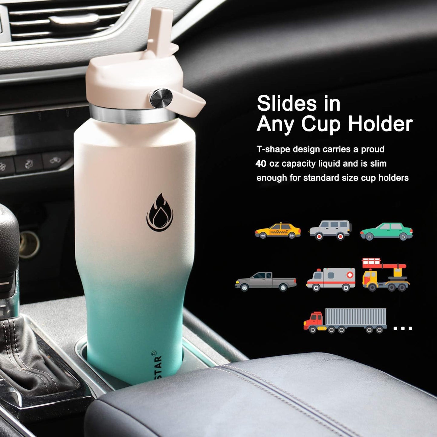 SENDESTAR SENDESTAR 40oz Stainless Steel Water Bottle(Cold for 48 Hrs, Hot for 24 Hrs),Double Wall Vacuum Insulated Bottle with Straw Lid, Spout Lid and Flex Cap, Fit in Any Car Cup Holder