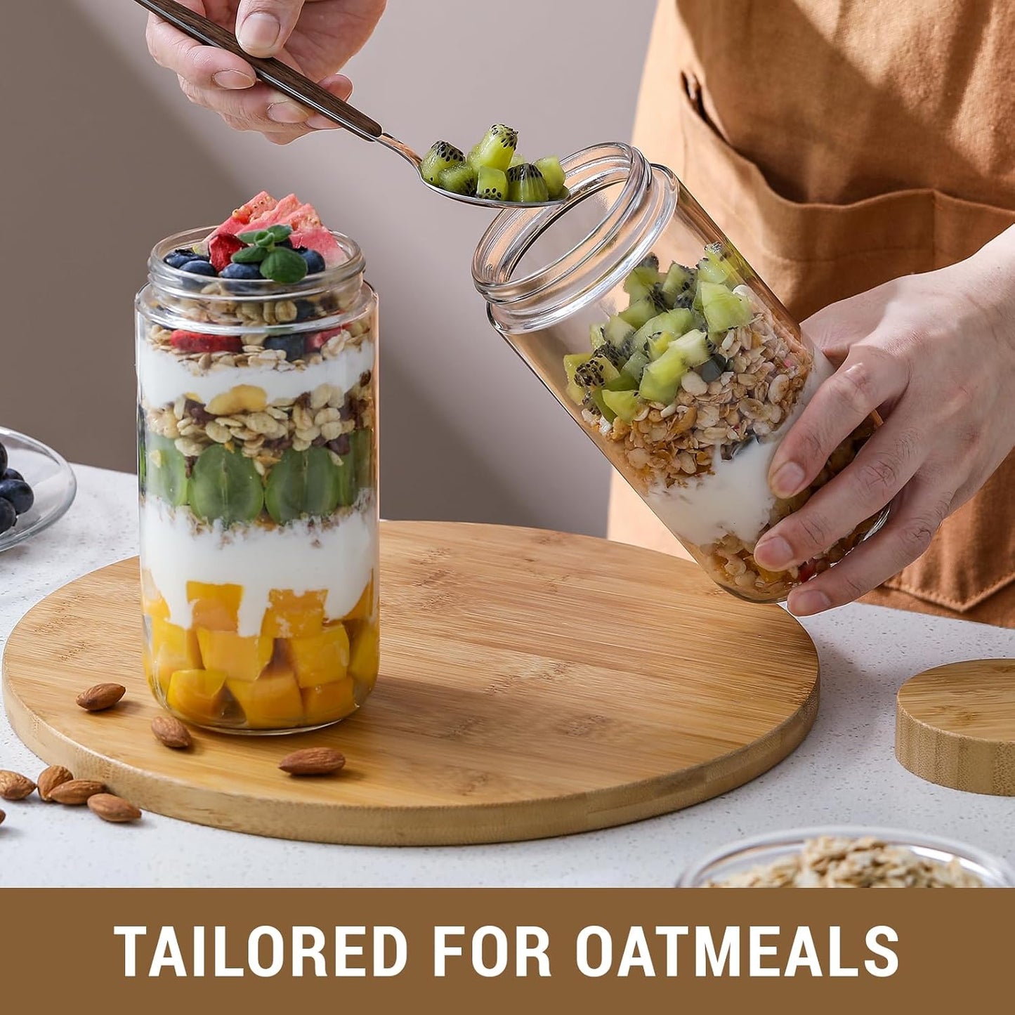 NETANY 4-pack 24oz Glass jars with Airtight Lids, Overnight Oats Containers with Bamboo Lids, Wide mouth Mason Salad jars, Glass Food Storage Containers for Snacks Yogurt Spice Sugar