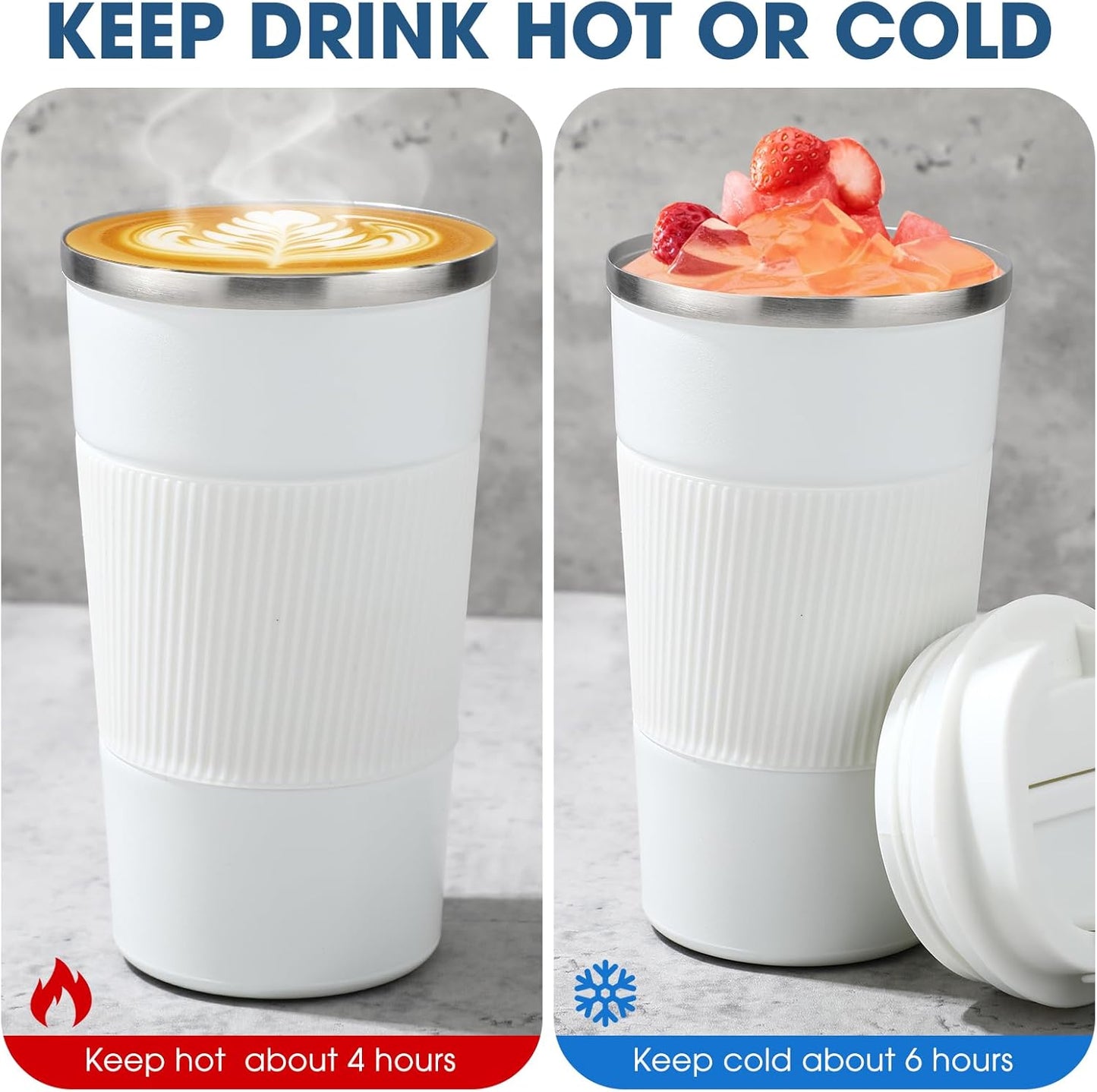 Sabary 4 Pack 16 oz Bulk Travel Coffee Mug with Lid Reusable Vacuum Insulated Coffee Tumbler Double Wall Thermal Stainless Steel Camping Tea Cup for Christmas Winter Drinks Employee Gift(White)