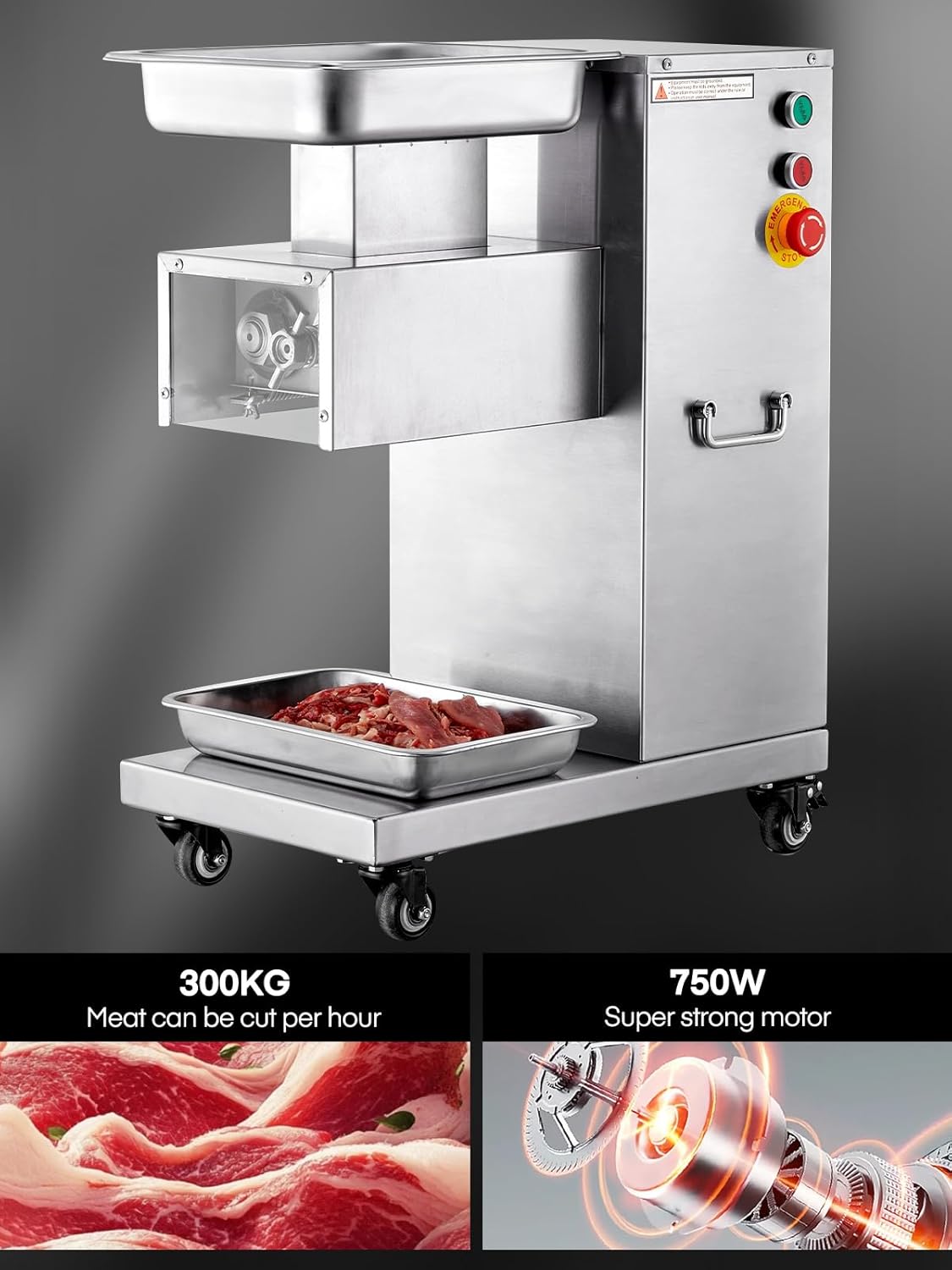Commercial Meat Cutter Machine, 1200LB/H Electric Cutting Machine 750W Commercial Meat Slicer 3mm Blade Restaurant Food Slicer Stainless Steel For Kitchen Restaurant Supermarket