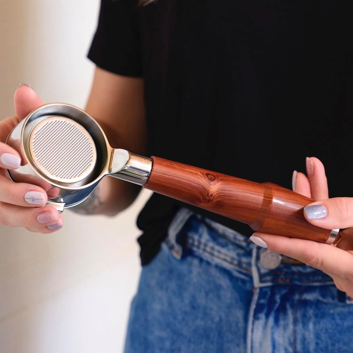 58.5mm Gaggia Classic Pro, E24, Evo Accessories by KNODOS Premium 58mm Bottomless Portafilter, Precision 58.5mm Calibrated Tamper & 58.5 mm Adjustable Coffee Distributor