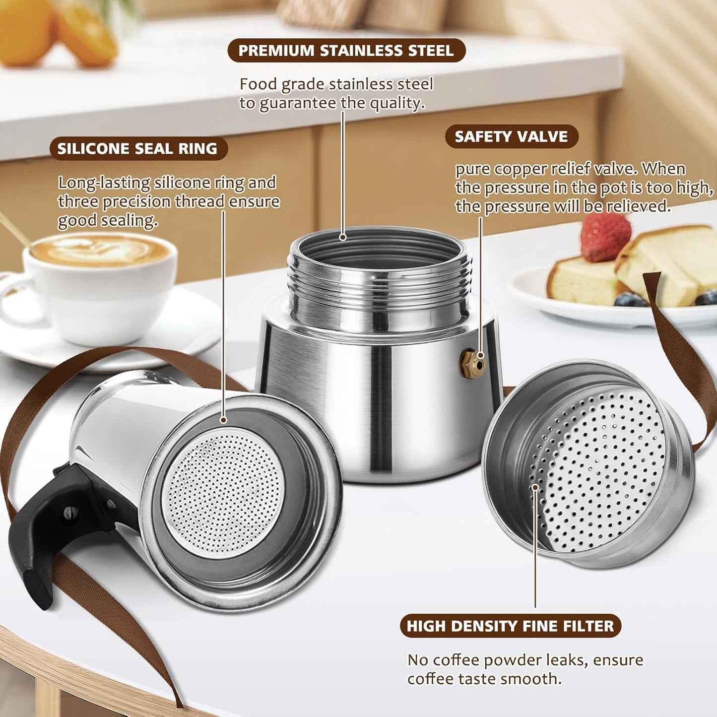 Stovetop Espresso Maker, 6 cup Moka Pot, Italian Coffee Maker Percolator, Stainless Steel Espresso Pots, 300ml/10oz(Espresso Cup=50ml/1.7oz) Coffee Pot Cafe Maker for Induction Cookers, Hobs