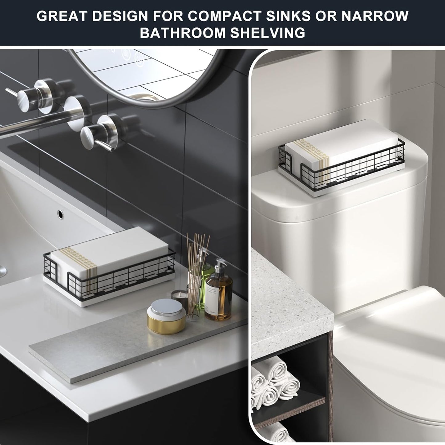 Wican Guest Towel Holder Tray for Bathroom, Oak and Iron Napkins Holder for Powder Room Dinning Table Wooden Basket for Disposable Paper Hand Towels Black and White