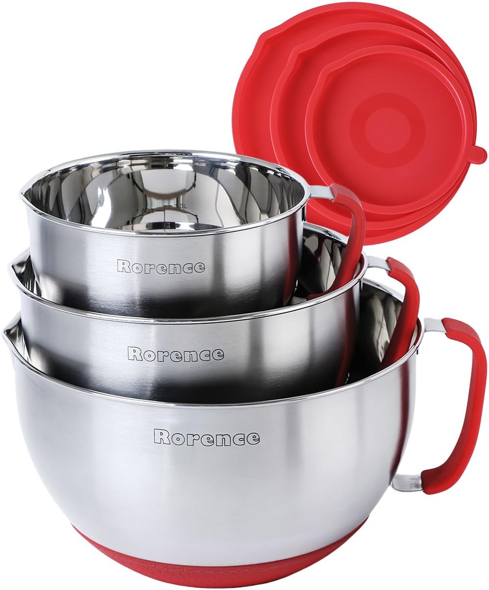 Rorence Mixing Bowls with Lids Set: Stainless Steel Mixing Bowls with Handles, Non-Slip Bottom & Pour Spout - Red, 3 quarts