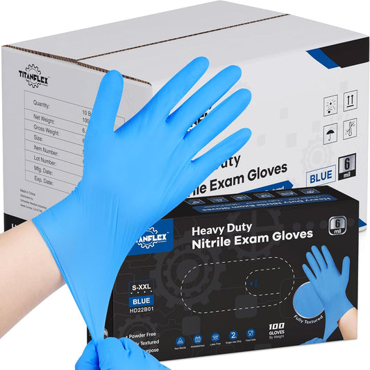 TitanFlex Heavy-Duty Blue Disposable Nitrile Gloves, Box of 100, 6-mil, Fully Textured, Powder-Free, Latex-Free, Non-Sterile