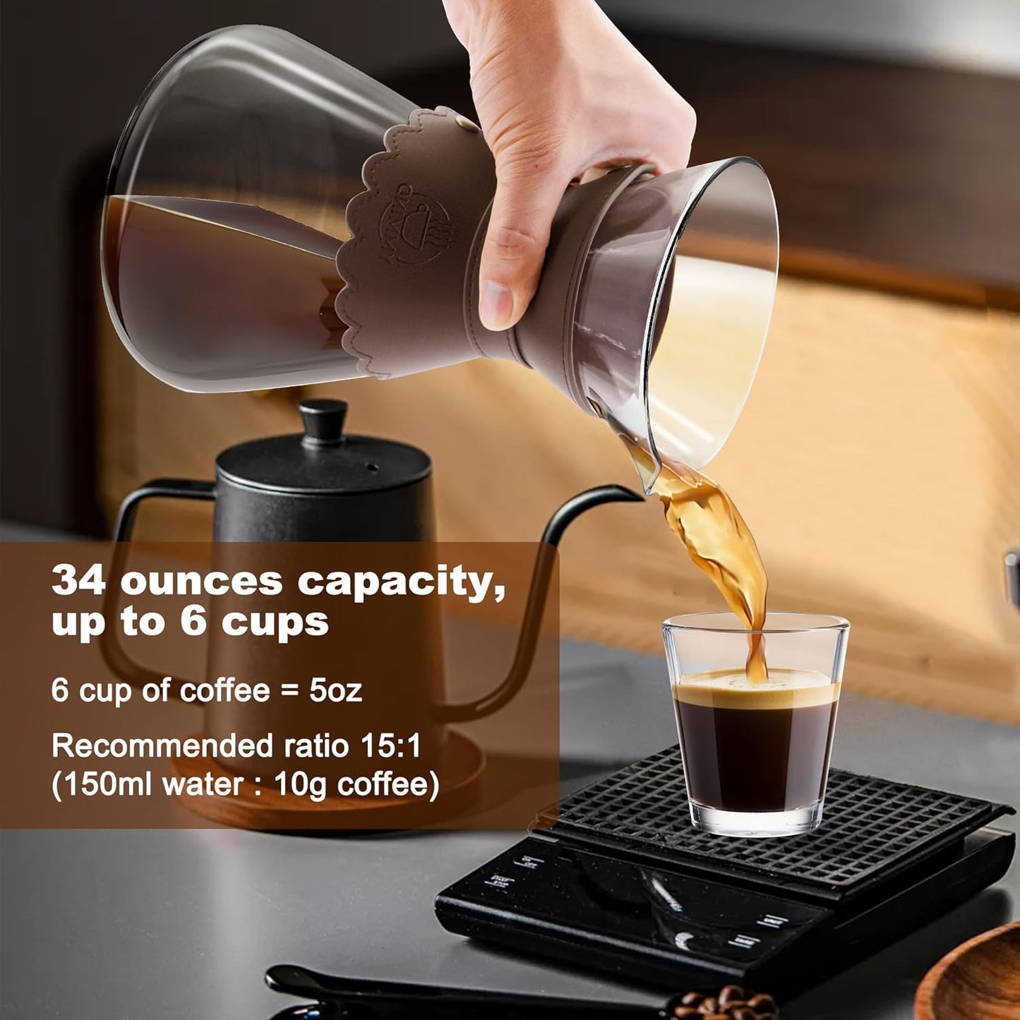 34oz Pour Over Coffee Maker with Double Layer Stainless Steel Filter, Borosilicate Glass Dripper, Detachable Heat-Resistant Leather Pad 7-8 Cups Coffee Maker Carafe（Dark brown）
