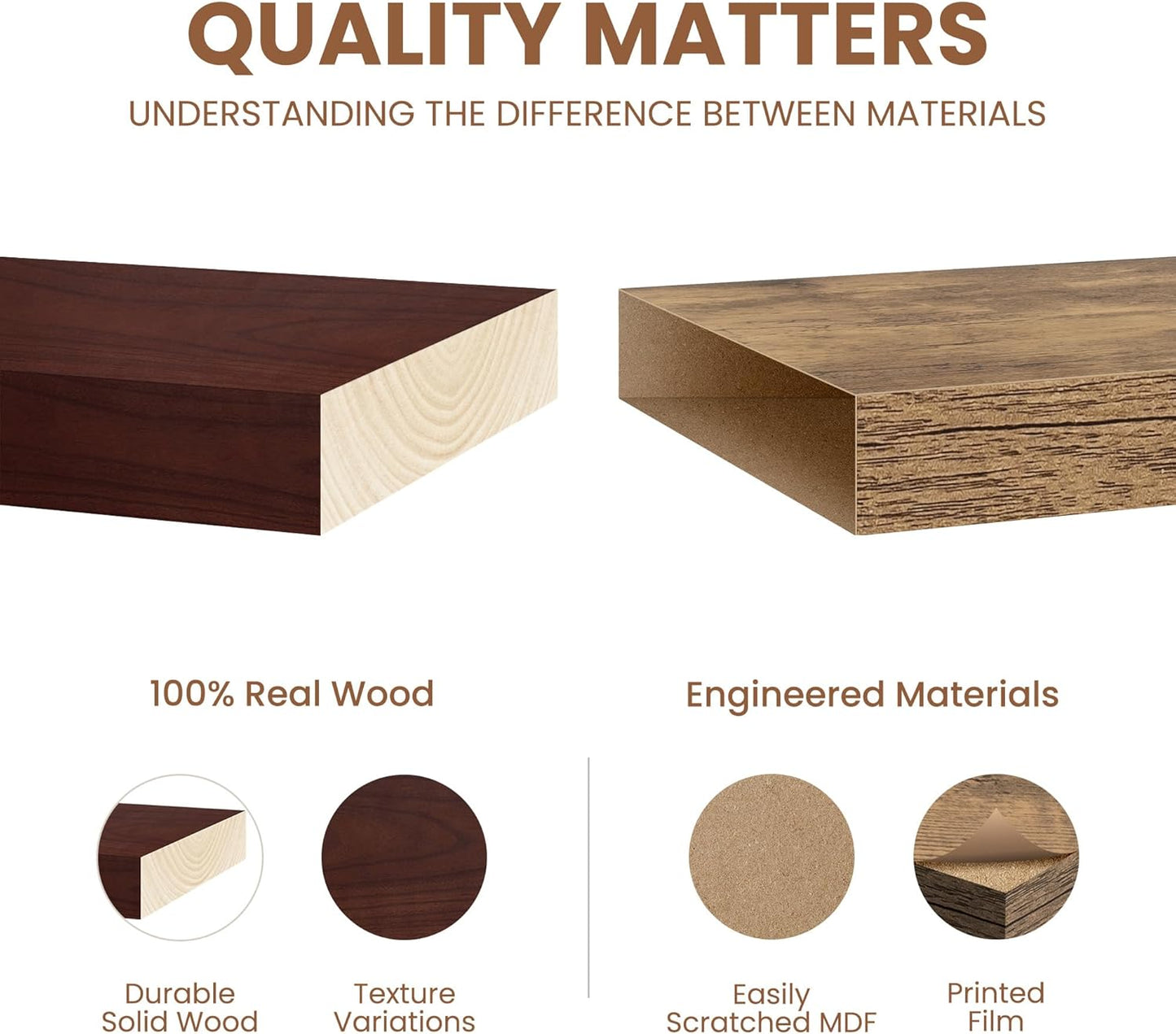 Floating Shelves for Wall, Real Wood Floating Shelf Set of 2, 8 Inch Deep Floating Shelves, Rustic Wood Wall Shelf for Home Decor, Deep Storage Shelves for Bathroom, Kitchen, 16"W x 8"D, Red Brown