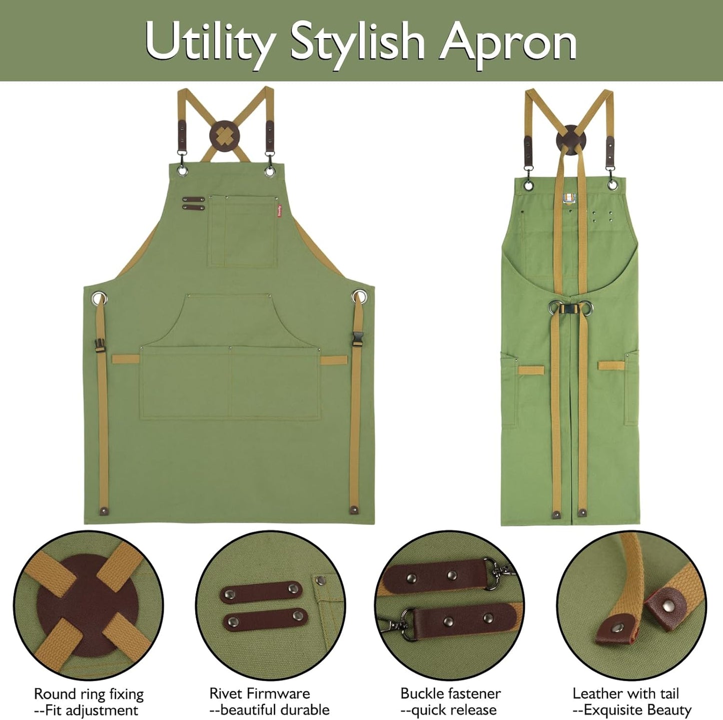 Kitchen Apron, Work Apron, Canvas, Multiple Pockets, Gardening, Painting, BBQ, Artist, Carpenter, Sizes M to XXL, Olive