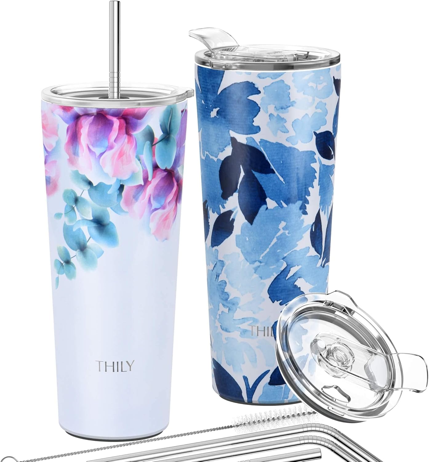 THILY Stainless Steel Vacuum Insulated Tumbler 26 oz Triple-Insulated Travel Mug with Splash-Proof Lid, for Iced Coffee and Hot Beverage, Pink Lilies + Blue Maple