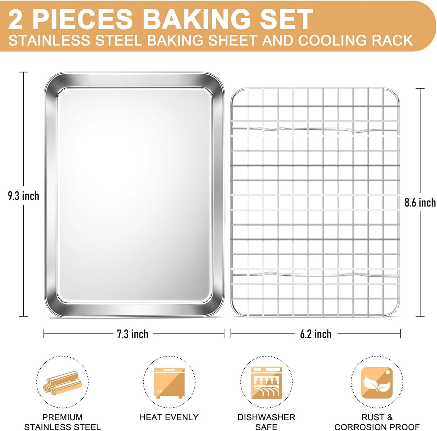 E-far Baking Sheet with Rack Set, 9.5” x 7.3” Stainless Steel Cookie Sheet Baking Pan for Toaster Oven, Mini Metal Tray with Cooling Wire Rack for Cooking Roasting, Non-toxic & Dishwasher Safe