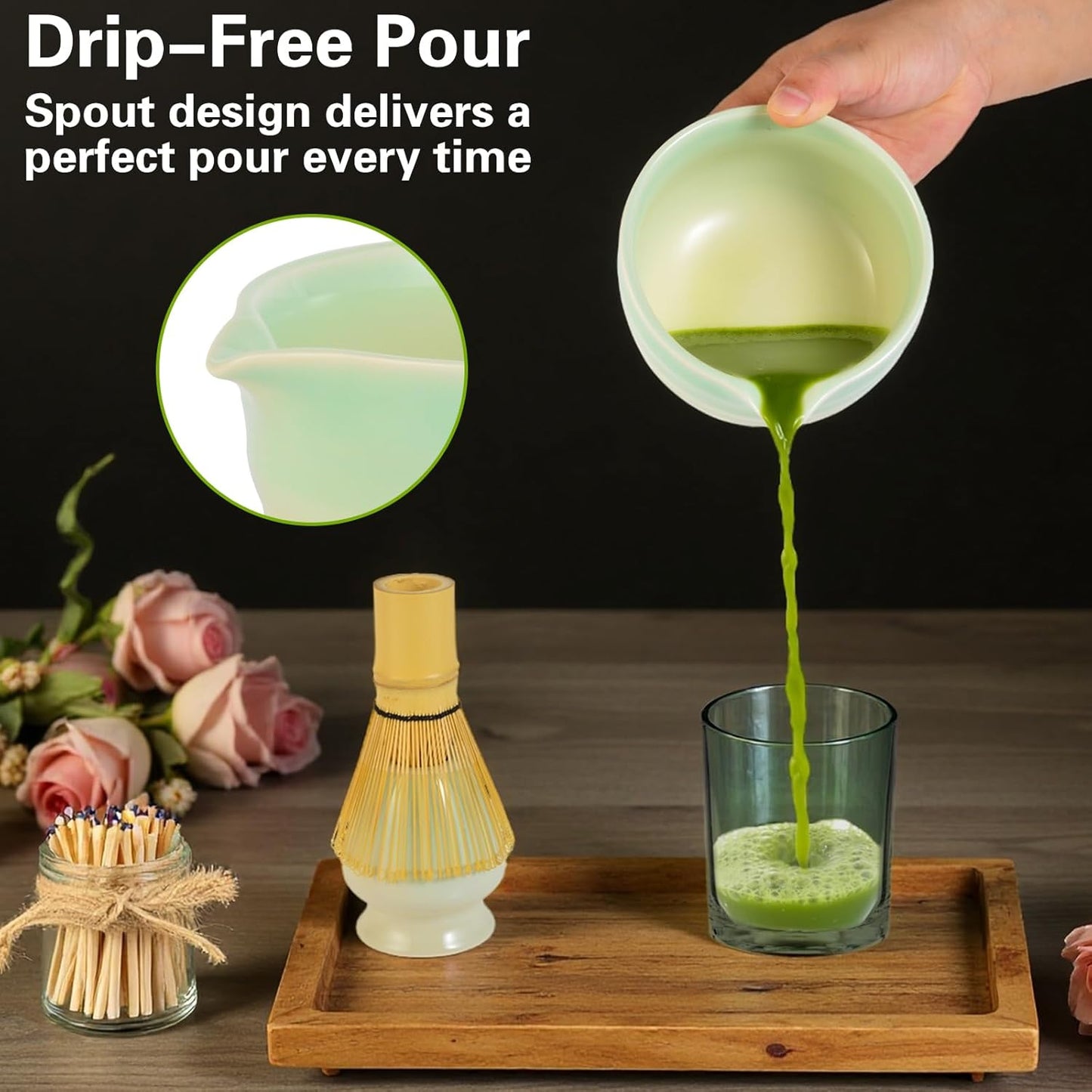 Matcha Whisk Set, Japanese Tea Set Includes Matcha Bowl with Spout, Bamboo Whisk, Ceramic Chasen Holder, Scoop, Sifter, 5 pcs Traditional Tea Making Kit for Matcha Lovers Gift for Women Men