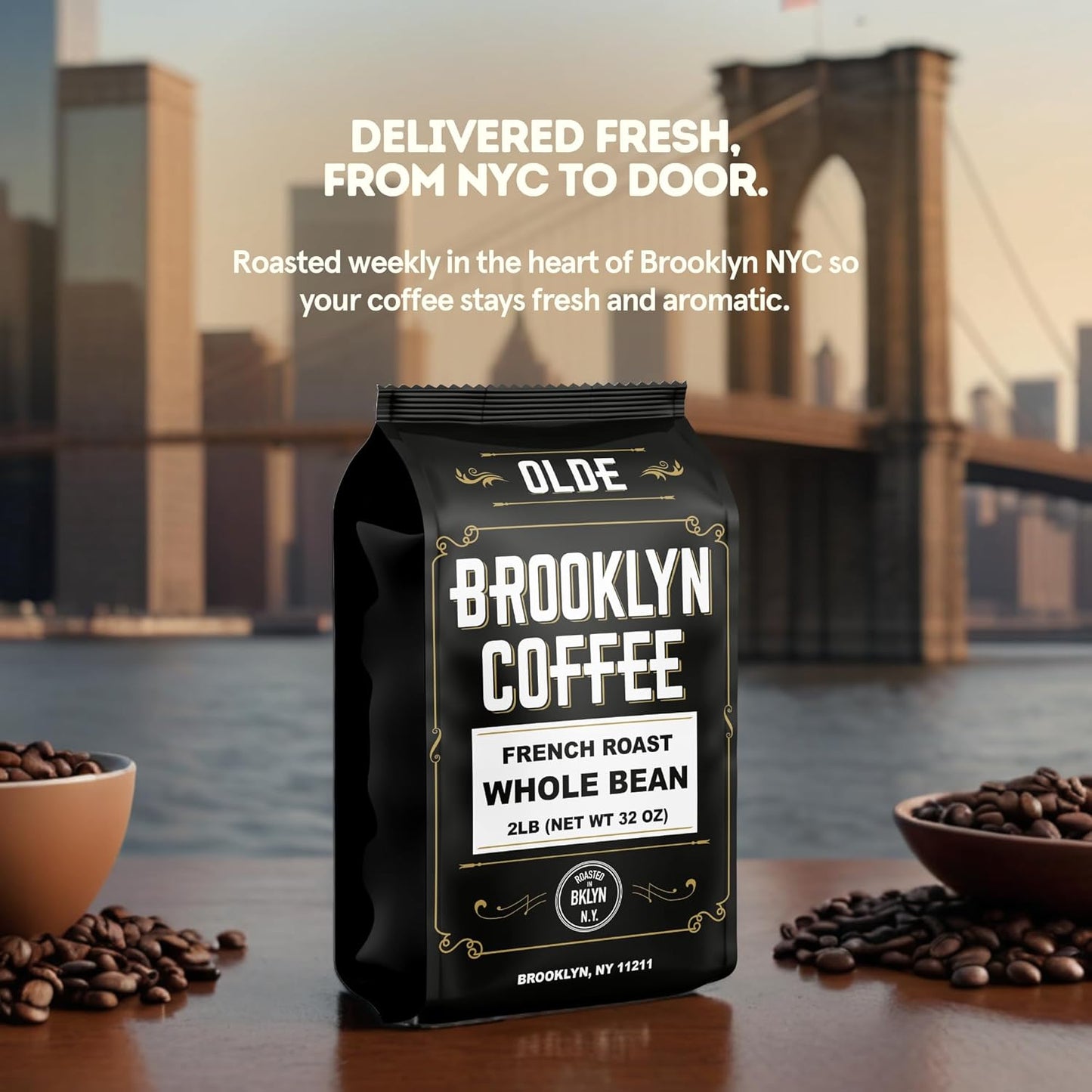 BROOKLYN COFFEE Whole Bean, French Dark Roast (2lb) Silky Smooth, Bold, Balanced - Fresh Bulk Coffee Beans Roasted Weekly in NYC