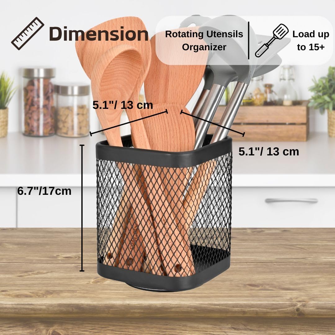 IBERG Rotating Utensil Holder & Coffee Pod Basket - 360° Spinning Base Mesh Metal Organizer for Kitchen Tools (Black Square)
