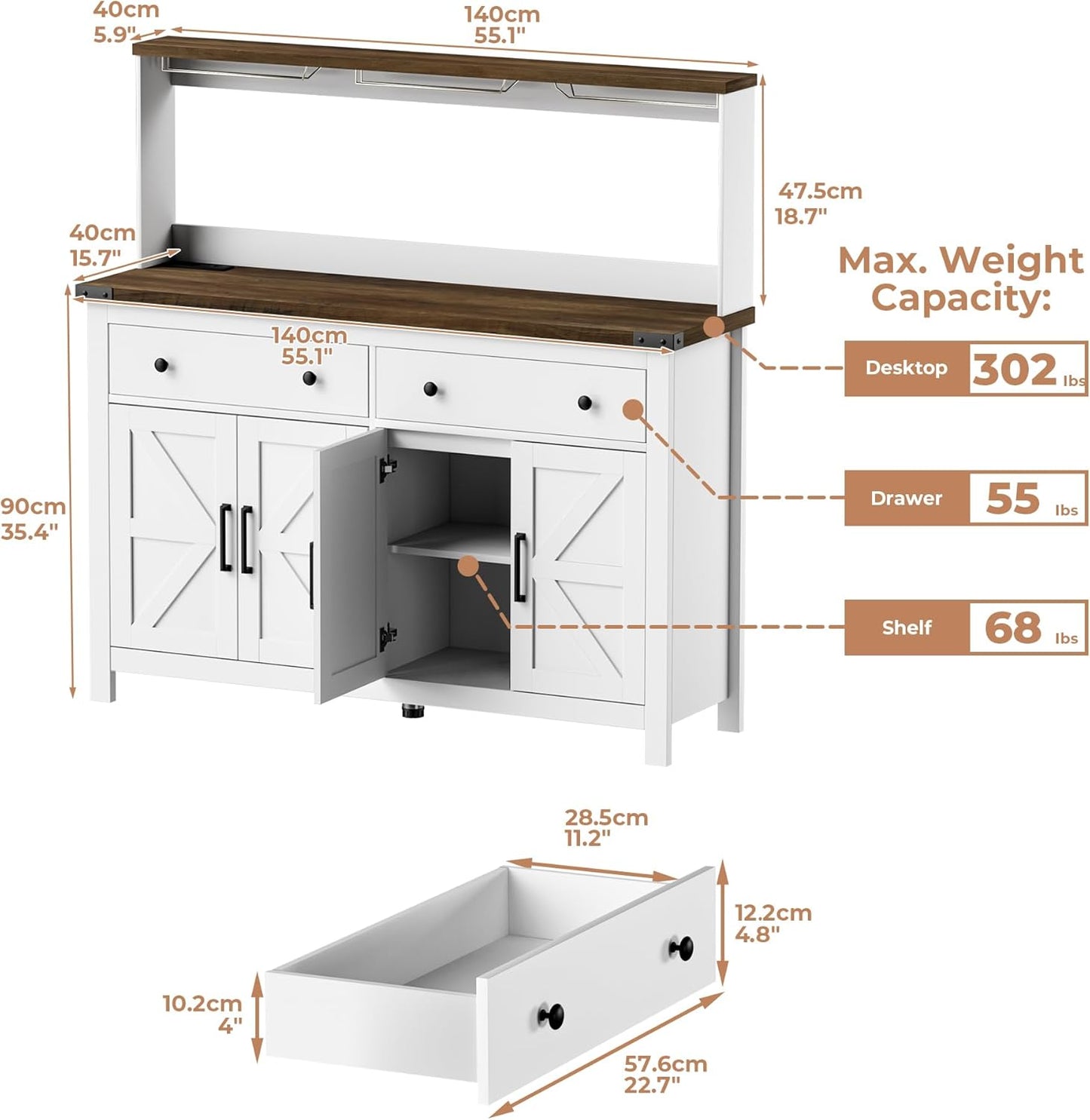 Hutch Storage Cabinet Buffet with Drawers, and Charging Station, Coffee Bar Cabinet with Barn Doors, Wine Rack and Hooks, Countertop, Long Farmhouse, White, for Kitchen, Dining Room, 54.1" High