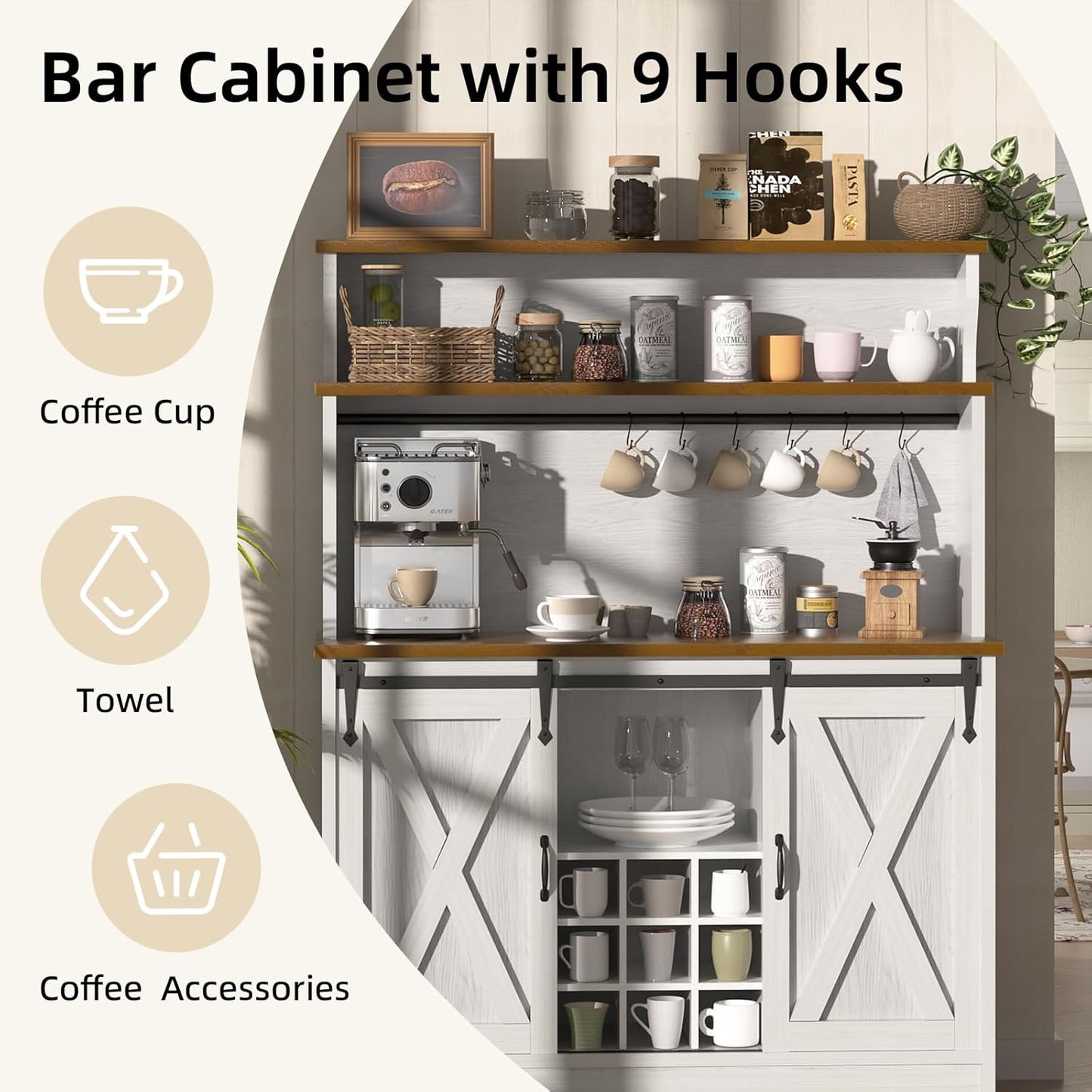 Farmhouse Coffee Bar Cabinet with 3 Tier Storage Hutch, 47'' Coffee Bar Station with Sliding Barn Door, Hutch Storage Cabinet with 9 Wine Racks & 9 Hooks for Kitchen Dining Living Room