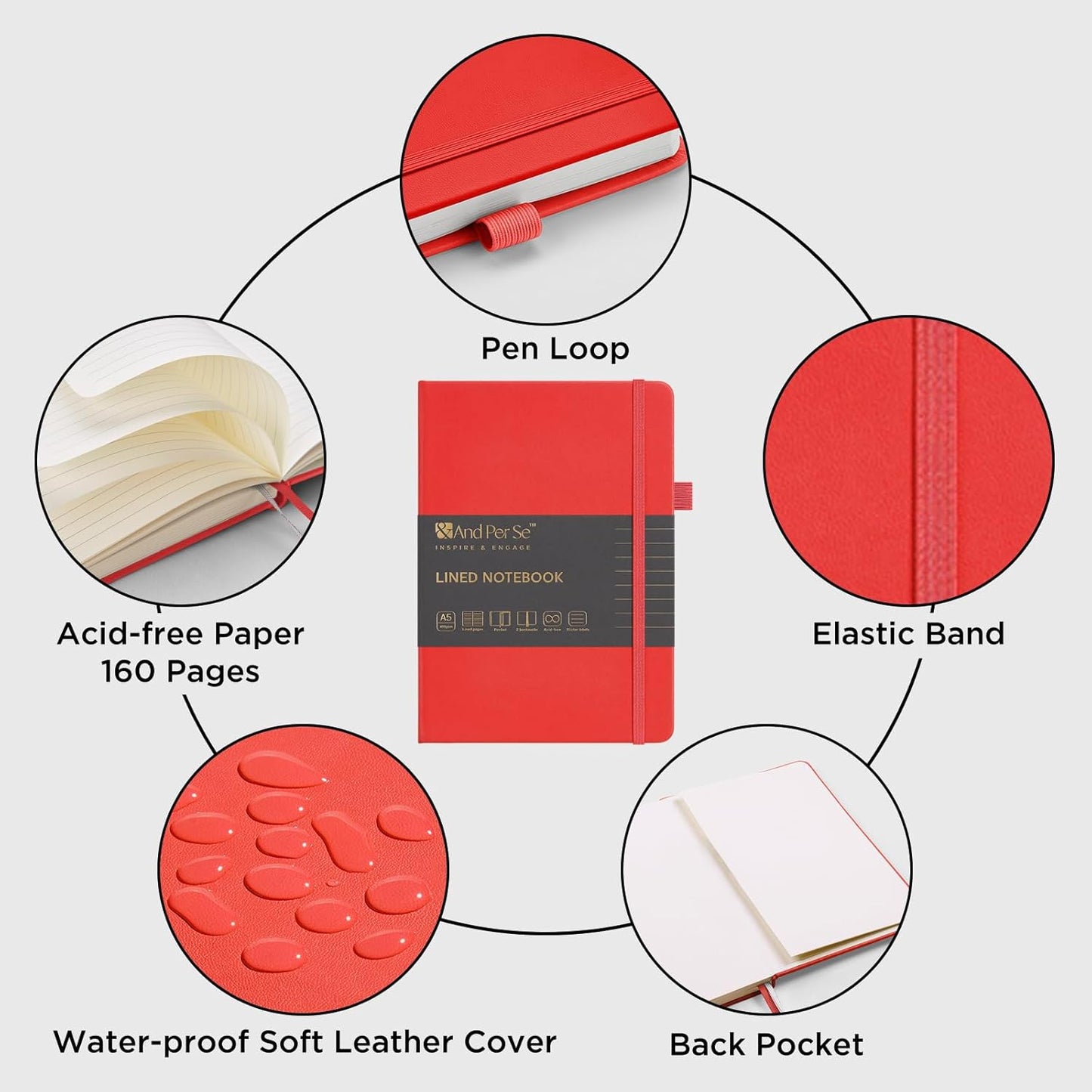 &And Per Se Lined Journal Notebook, 160 Pages, A5 5.7 x 8 inches College Ruled Thick Paper Notebook Journals for Writing, Hardcover Notebooks for Women Men Office School (1 Pack, Red)