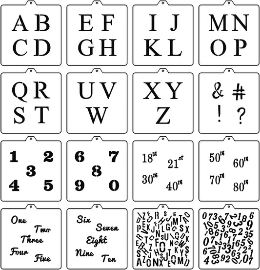 16 Pcs 5.5x5.5in Baking Stencils for Royal Icing, Airbrush Cookies; Sugar Cookie Stencils,Craft Painting, Stencil Genie (Alphabet & Numbers)