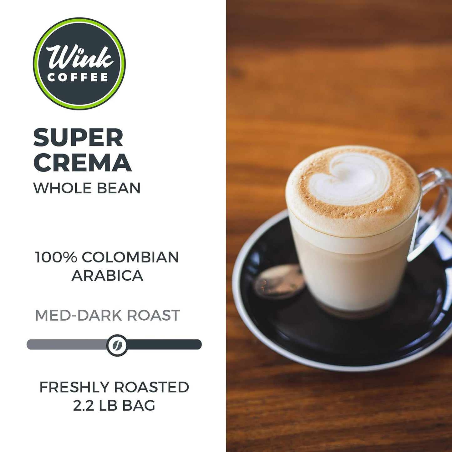 Wink Coffee Super Crema Espresso - 100% Arabica Whole Bean Coffee - Large 2.2 Pound Bag - Colombian Single Origin - Rich, Smooth, Full Bodied and Complex, Sustainable Sourcing