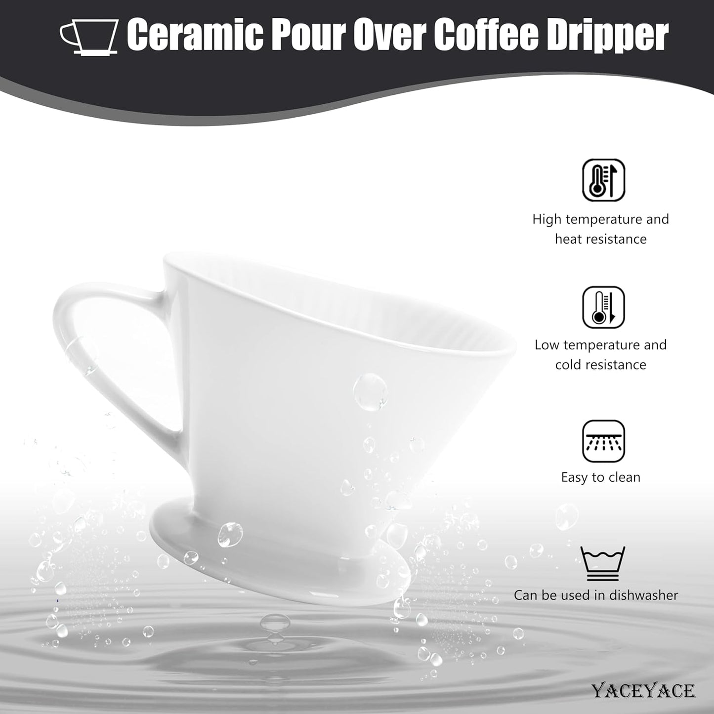 Pour Over Coffee Maker, Single White Ceramic Coffee Dripper with 3 Holes, Large Coffee Pour Over for Shop, Office, Home