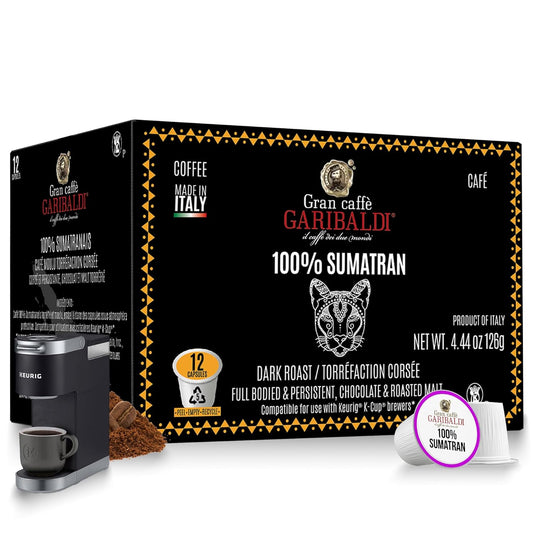 Caffè Garibaldi Sumatran Coffee Pods, Single-Serve Capsules for Keurig K-Cup Brewers, 100% Arabica Blend, Recyclable Pods, 12 Count - Dark Roast
