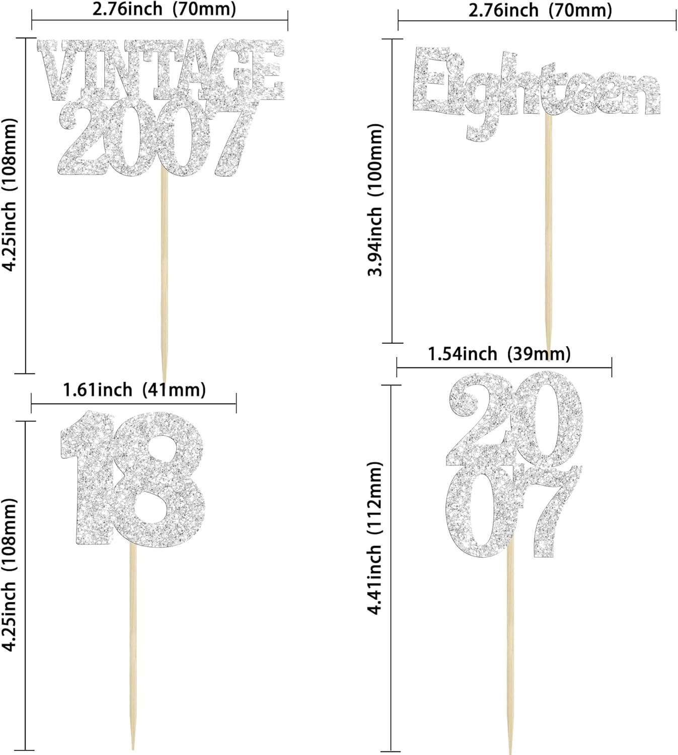 Gyufise 24Pcs 18th Birthday Cupcake Toppers Glitter Eighteen Vintage 2007 Hello 18 Years Birthday Cupcake Picks Adultish 18 Cake Decorations for Happy 18th Birthday Anniversary Party Supplies Silver