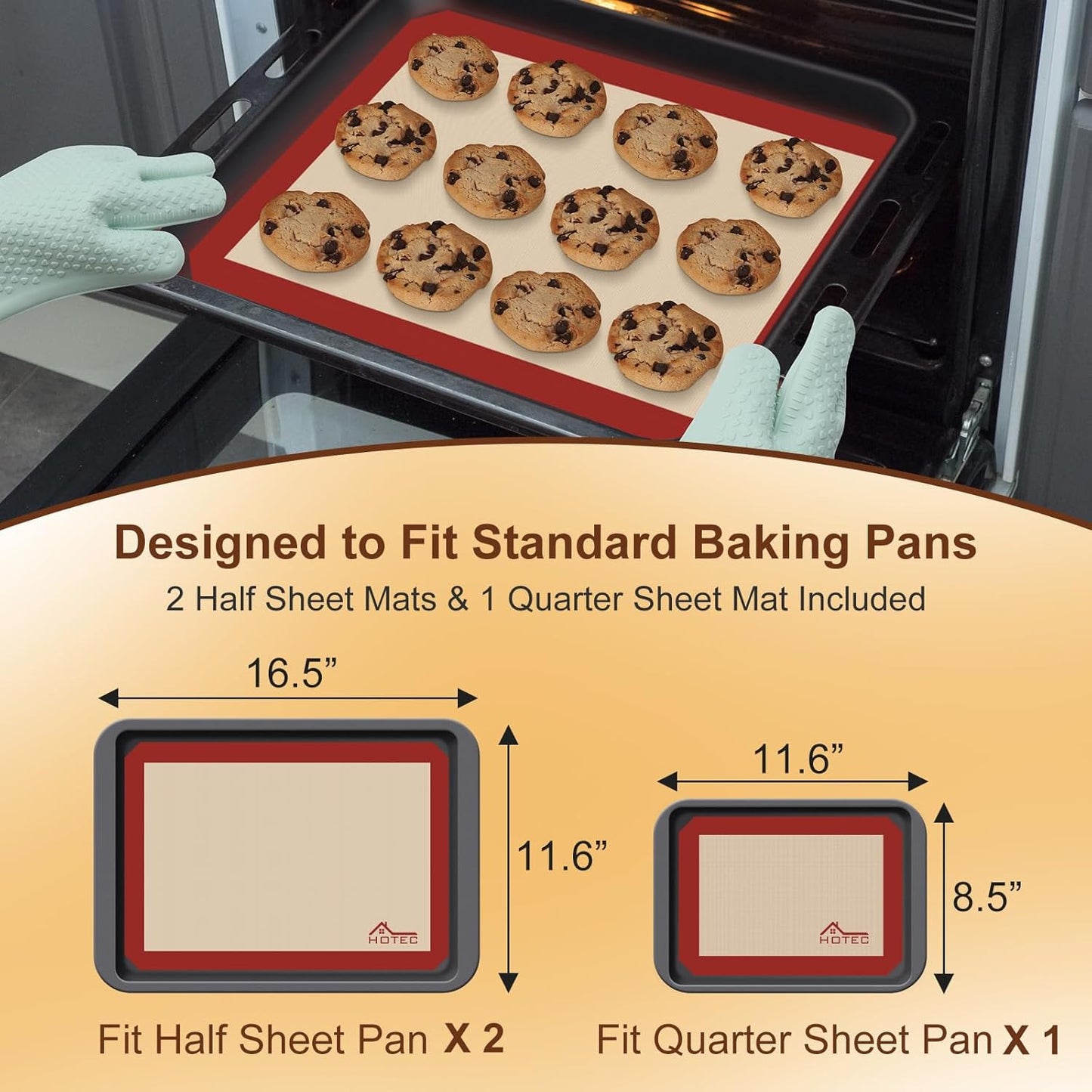 HOTEC Silicone Baking Mats 3 Pack – Non-Stick Reusable Silicone Baking Sheets for Oven – Cookie & Macaron Mats – 2 Half Sheet + 1 Quarter Sheet – BPA-Free, Dishwasher Safe