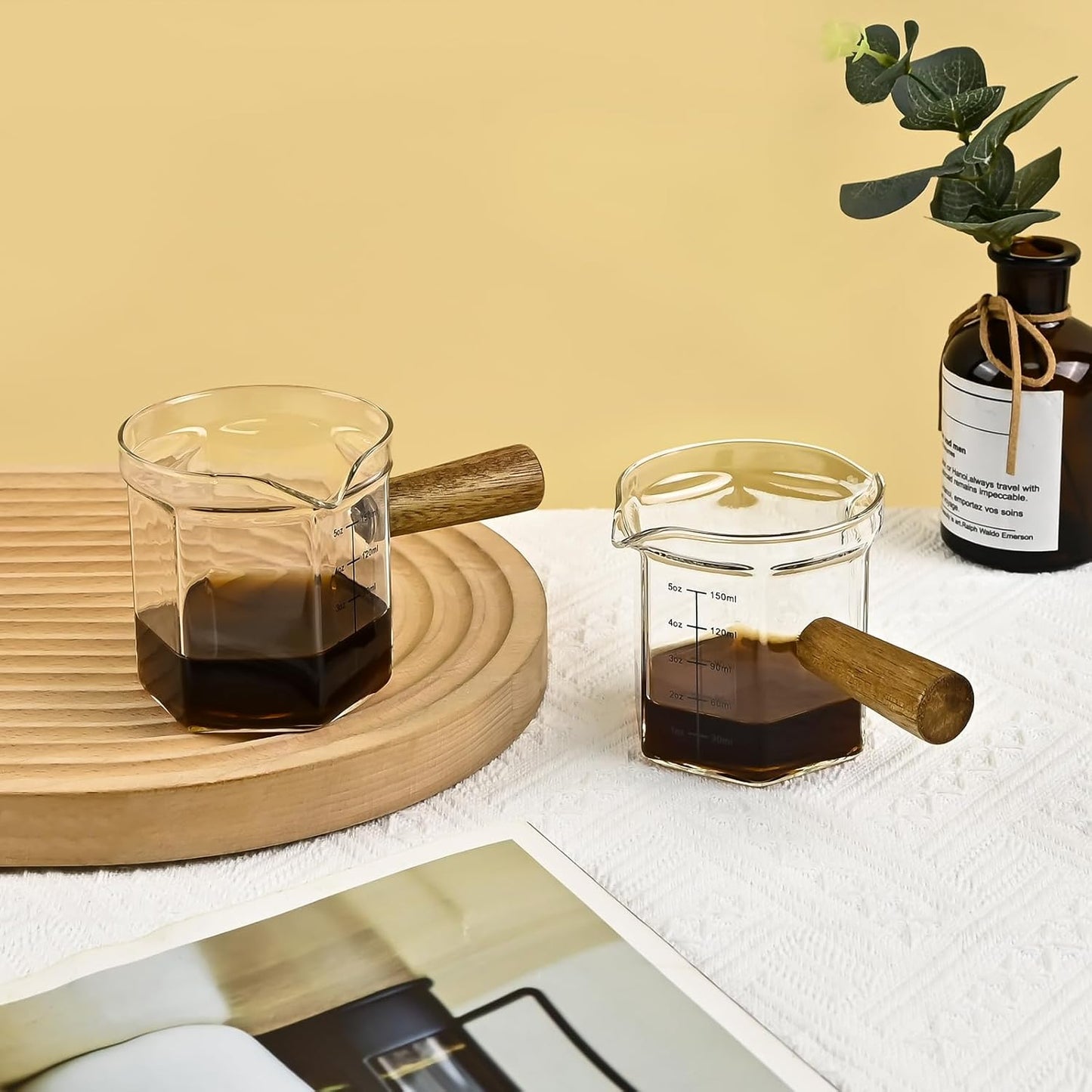 Glass Measuring Cup, 5oz Clear Espresso Shot Glass with Wood Handle, Double Spouts Measuring Triple Pitcher Milk Cup for Coffee Tea (Transparent)