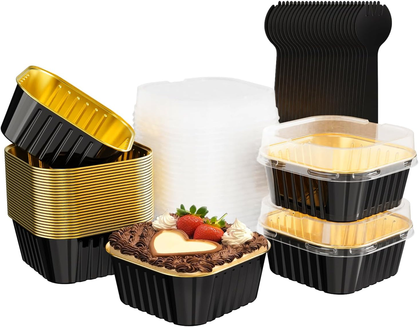 25 Pack Square Mini Cake Pans with Lids,Mini Loaf Pans with Lids,Aluminum Foil Baking Cups,Disposable Ramekins Cupcake Cups,Dessert Cups for Wedding Birthday Party,5oz (Black&Gold)