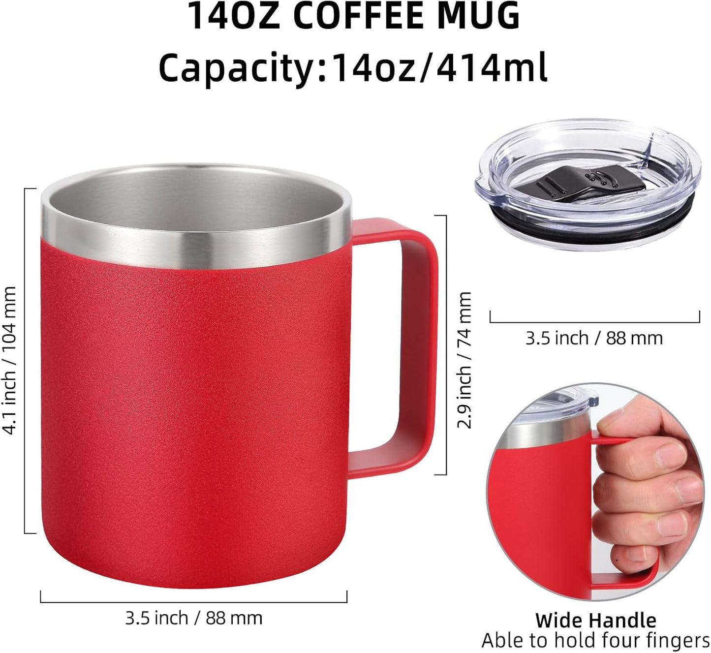 Volhoply 14oz Insulated Stainless Steel Coffee Mug with Lid Bulk 8 Pack,Double Wall Vacuum Travel Coffee Cup with Handle,Reusable Metal Cups Tumbler,Camping Mugs Keep Hot,Ideal Gifts(Red,8)