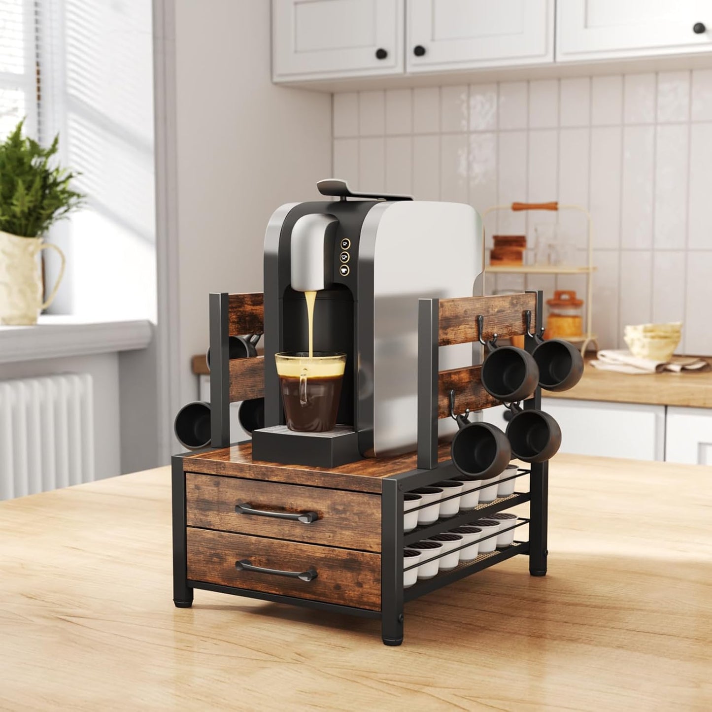 K Cup Holder Drawer - Coffee Pod Organizer for Counter, Sturdy k cups Storage Drawer with Mug Rack, Coffee Maker Stand, 70 Capacity Pods, Home Kitchen Counter Organizer, Rustic Brown