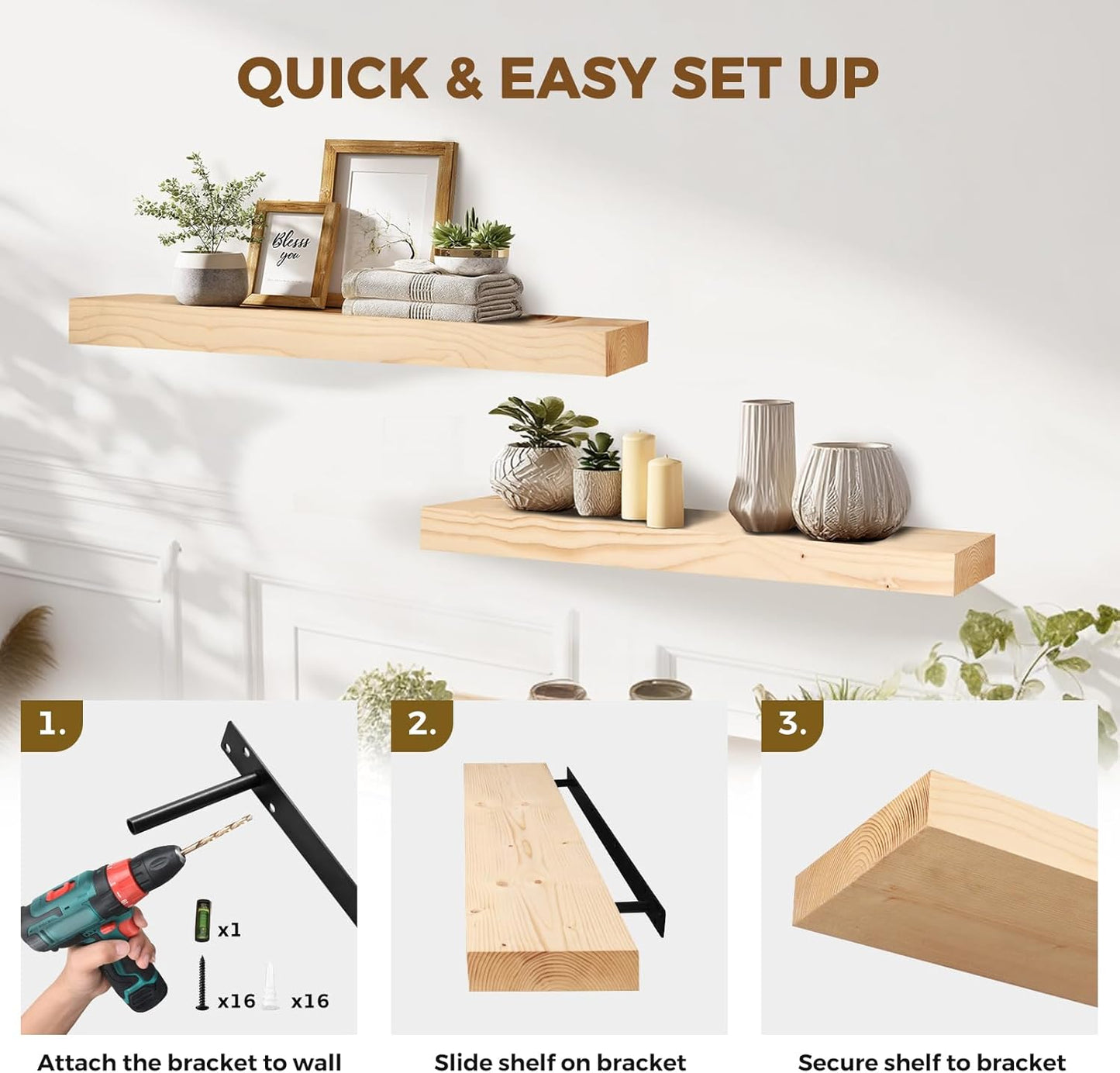 36x8x1.6 inch Floating Shelves Set of 2 – Solid Wood Rustic Wood Wall Mounted Shelf for Kitchen, Bathroom, Living Room