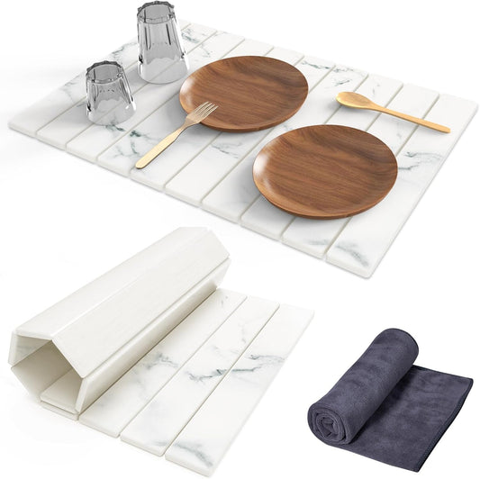 Stone Dish Drying Mat for Kitchen Counter,24"(L)×16"(W) Collapsible Fast-Drying Diatomaceous Earth Mats with Towel Sanding Tool,Versatile Stone Drying Mats for Cups Dishes Bottles