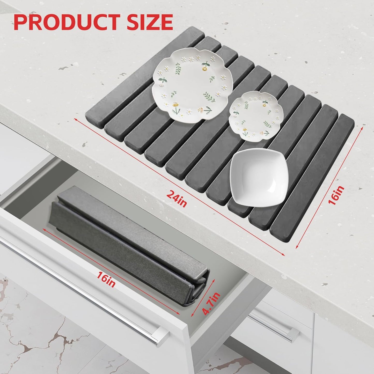 Stone Drying Mat For Kitchen Counter 24"x16" Foldable Super Absorbent Non-Slip Diatomaceous Earth Quick Dry Mat Matches Any Countertop